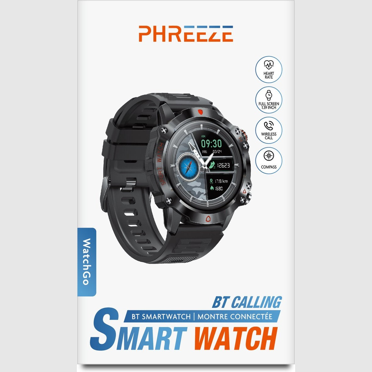 Smartwatch in a box with black band, showing time and health metrics. Text: Smart Watch.