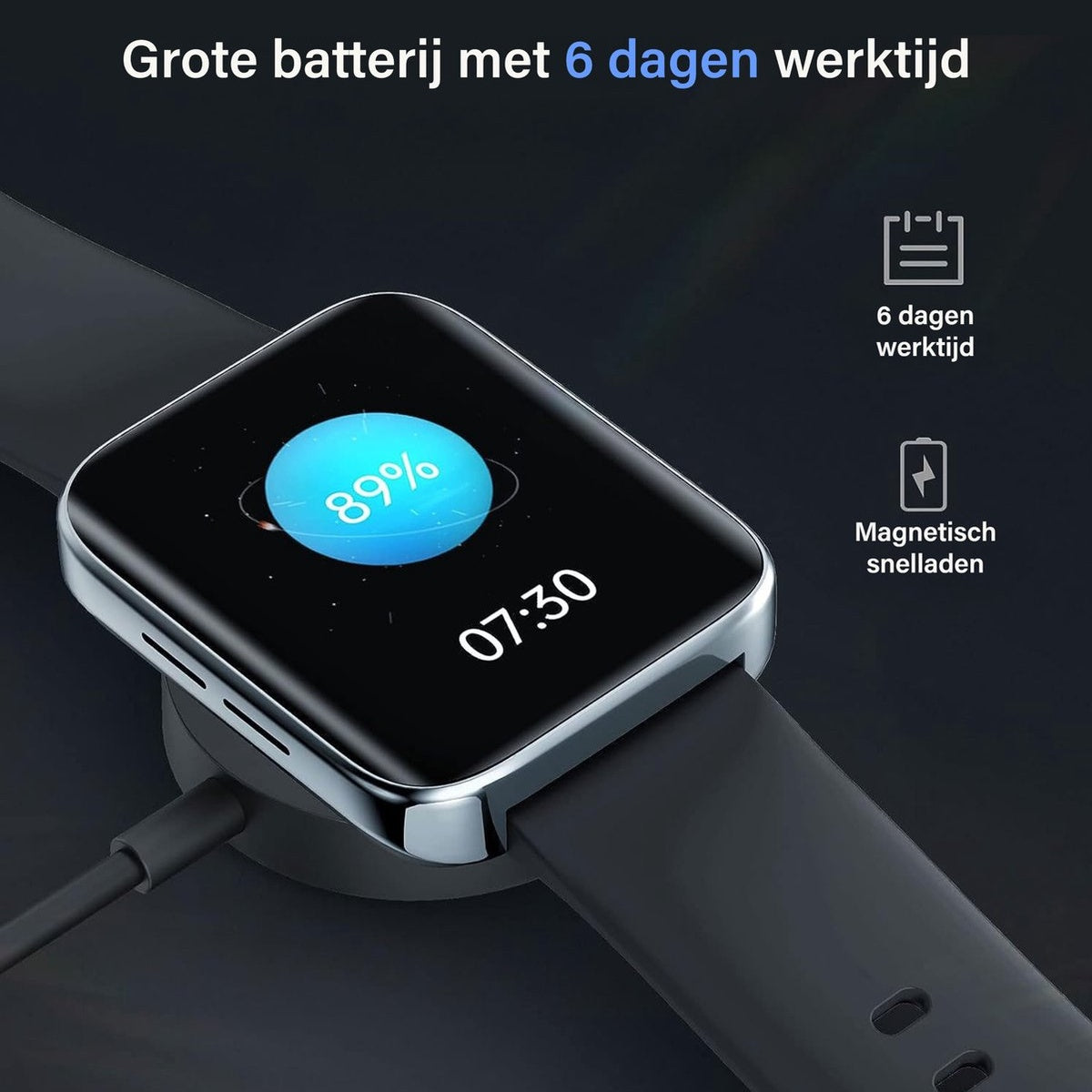 Smartwatch on a charger, showing battery percentage and time.