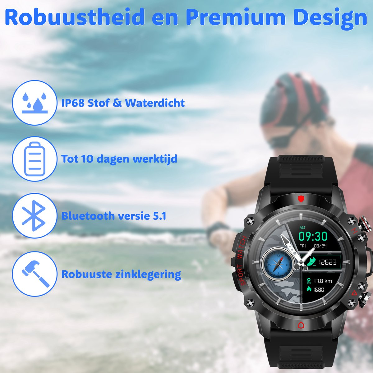 Smartwatch with black strap, showing information, with text about water resistance.