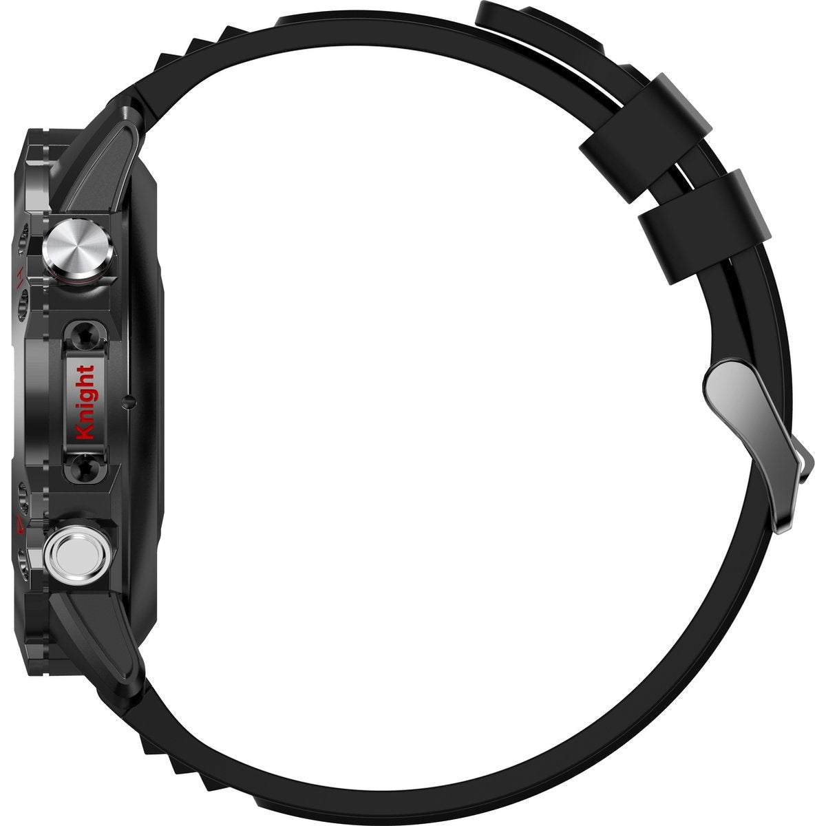 Side view of a black smartwatch with a black strap, showing the side buttons.
