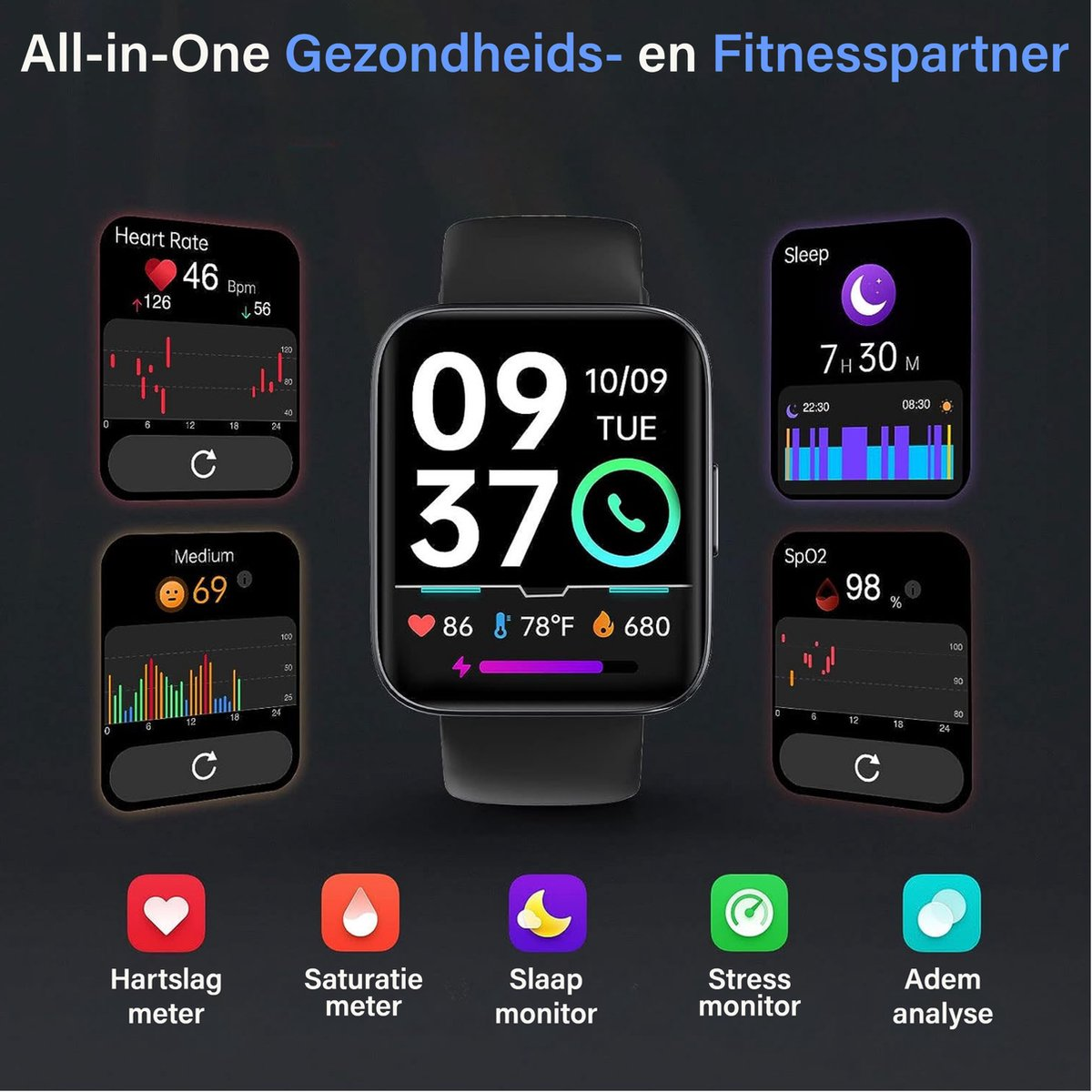 Smartwatch interface showing health metrics: heart rate, sleep, and more.