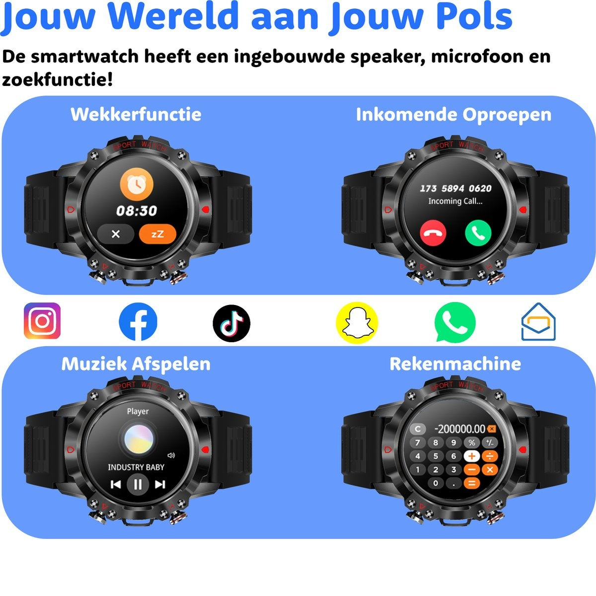 Smartwatch displaying various functions: alarm, call, music, and calculator.
