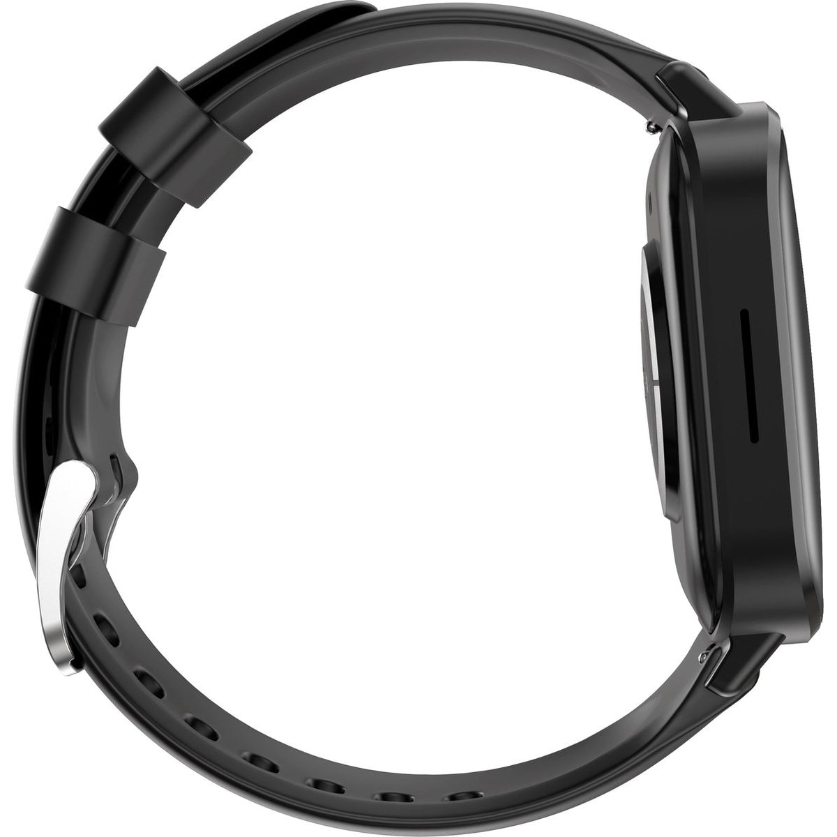 A black smartwatch with a black band is shown in a side view against a white backdrop.