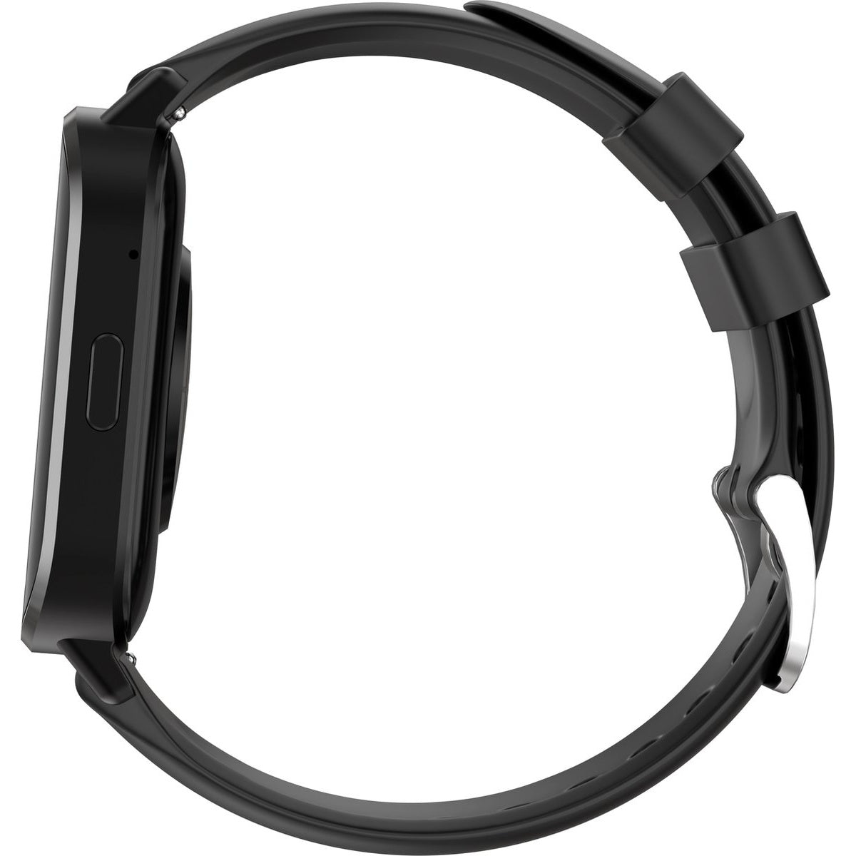 A black smartwatch with a black band is shown in a side view against a white backdrop.