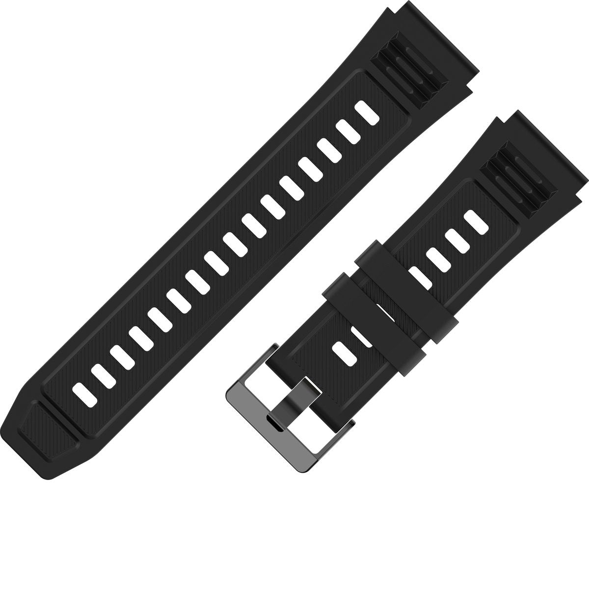Black watch straps, one with buckle, other with holes for adjustment.