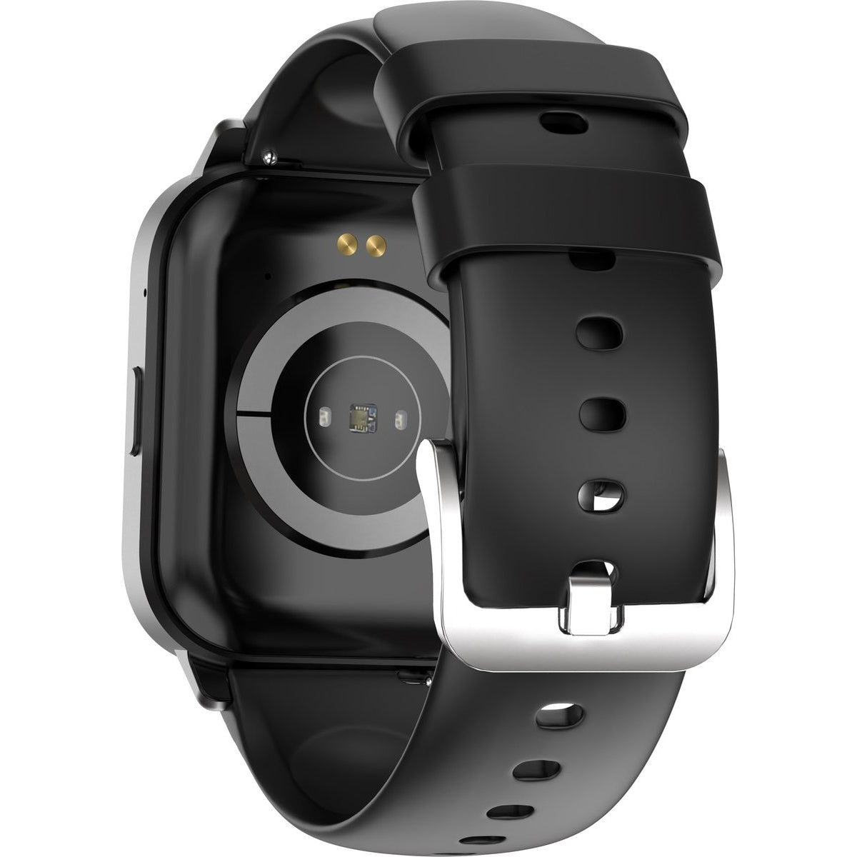 Back of a black smartwatch with a black strap, showing a sensor.