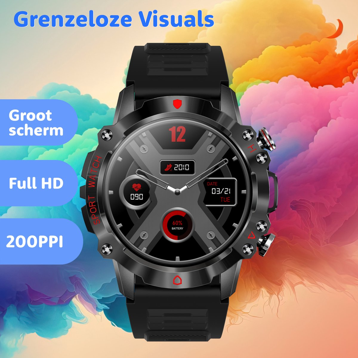 A smartwatch with a black band features a round face with health stats and a colorful cloud background.