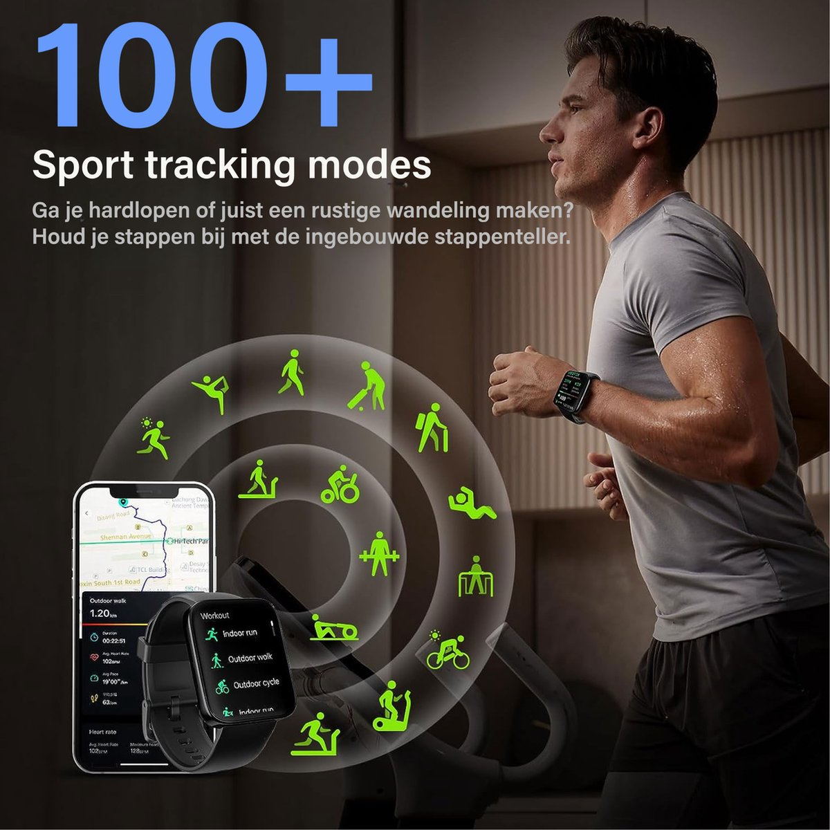 A man in sportswear uses a smartwatch. The display shows sport tracking modes and health data.
