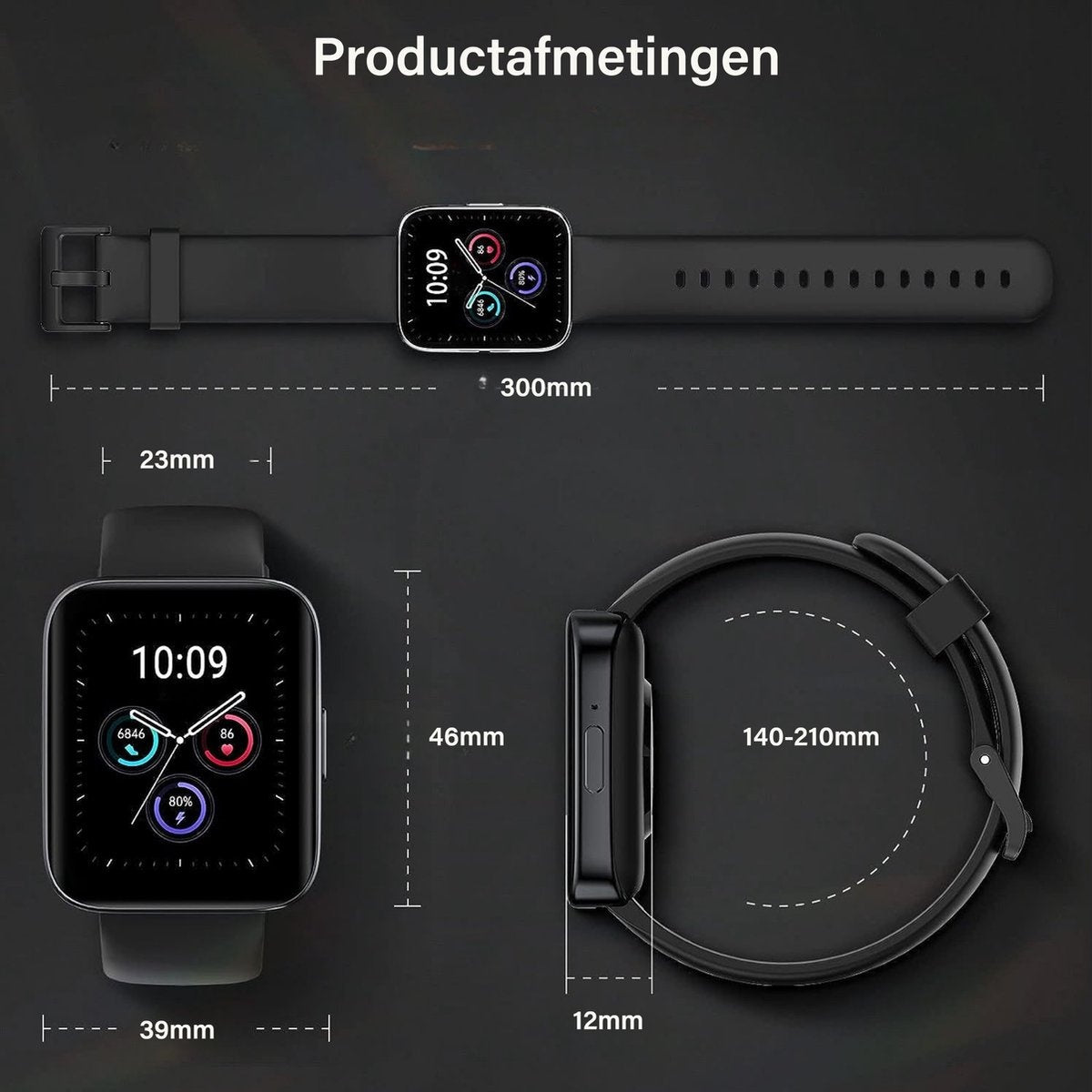 A display shows the dimensions of a smartwatch: 300mm long, 46mm high, 39mm wide, and 12mm thick.