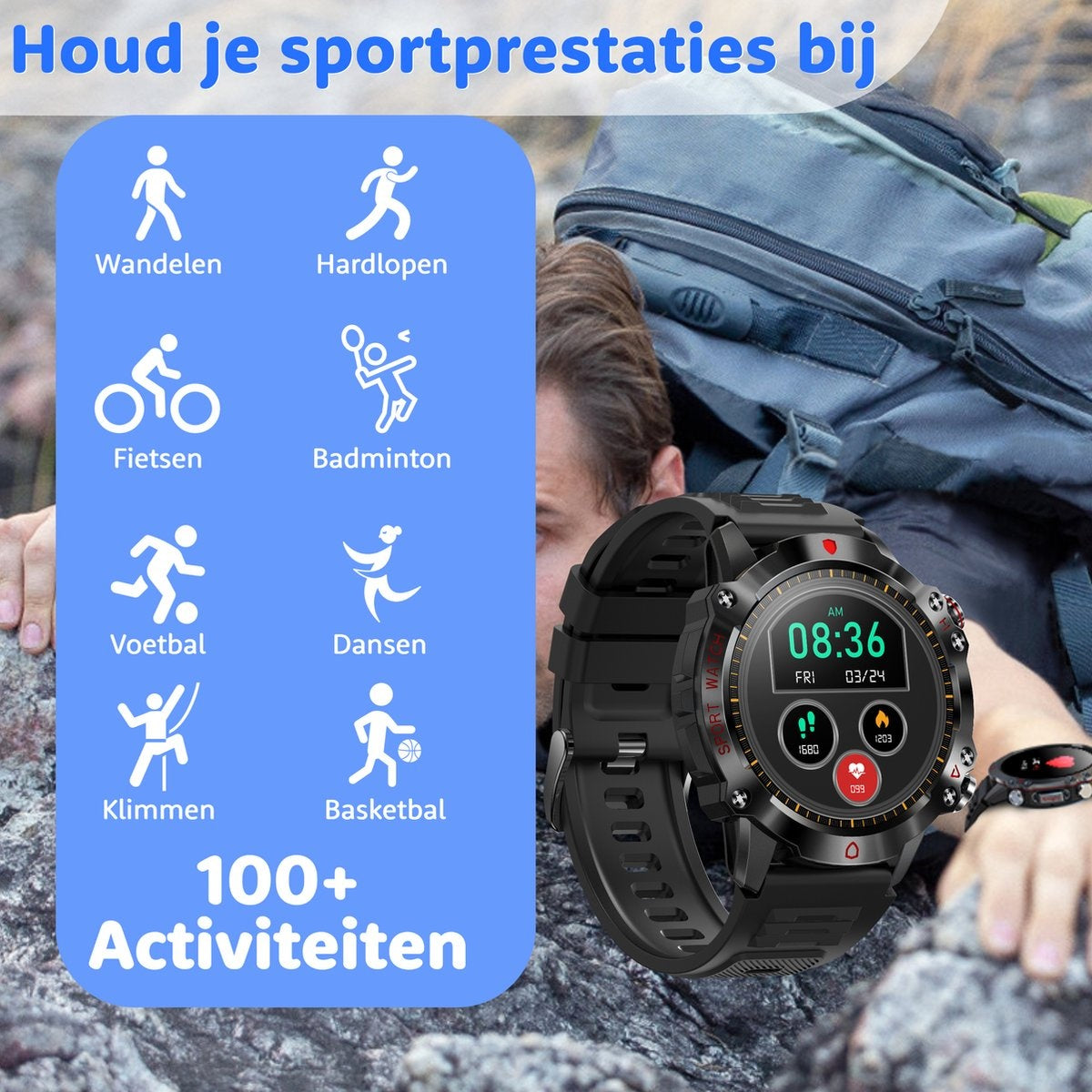 A smartwatch advertises 100+ activities with icons for hiking, running, cycling, badminton, and more.
