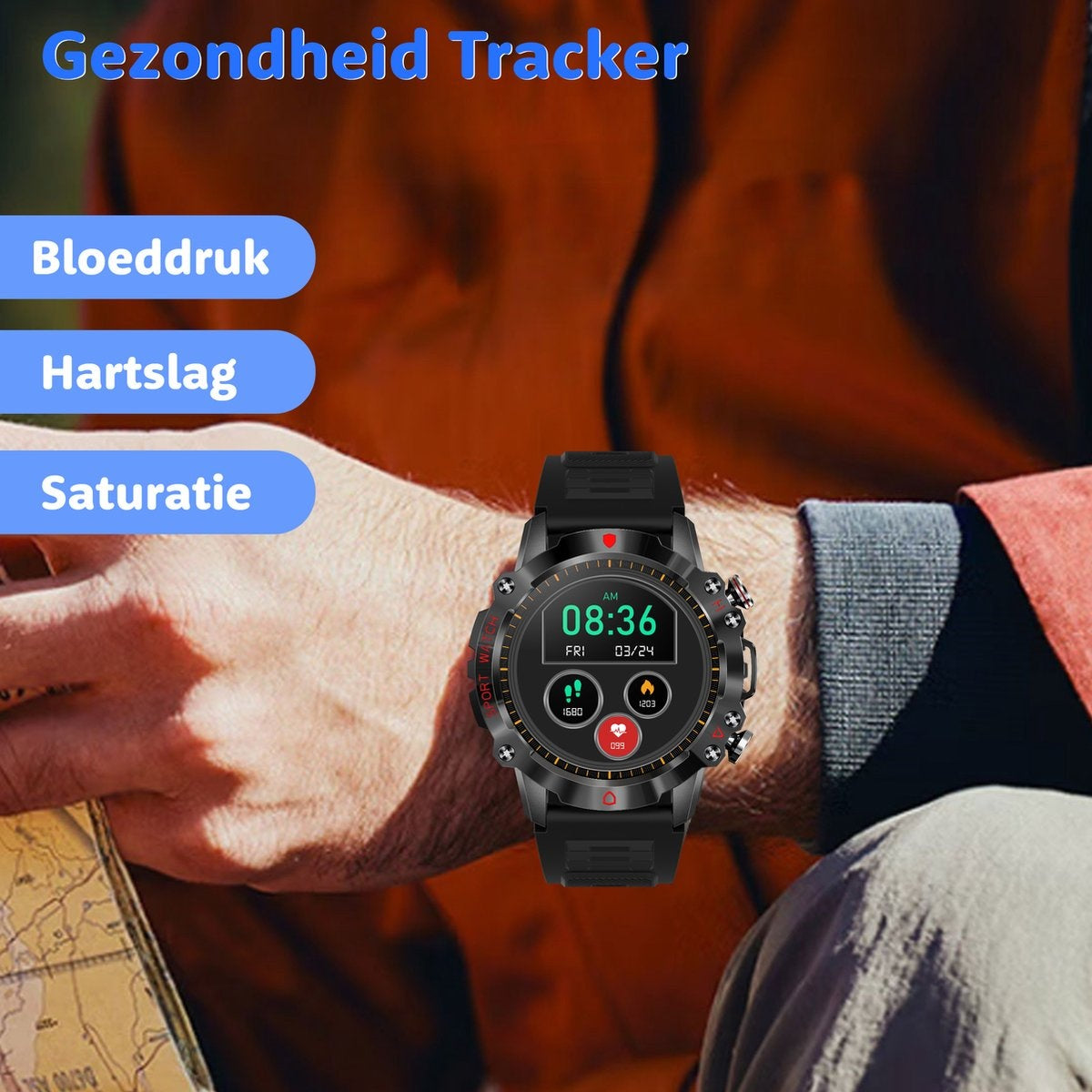 A smartwatch advertises health tracking features like blood pressure, heart rate, and saturation monitoring.