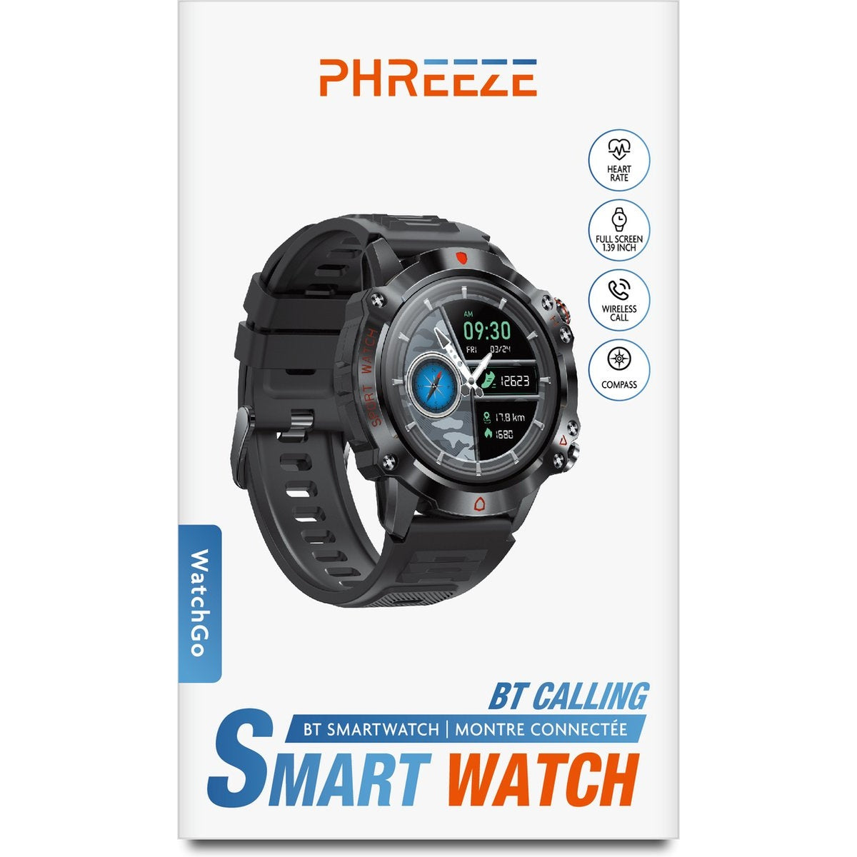 A smartwatch box advertises heart rate tracking, full screen, wireless calling, and a compass feature.