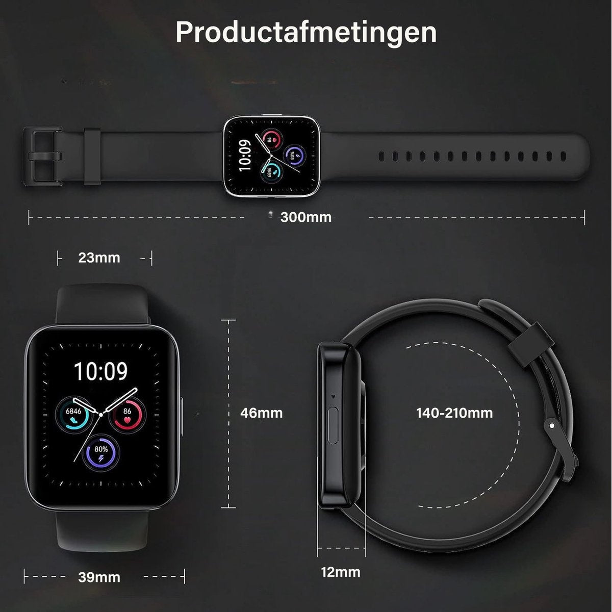 Three views of a black smartwatch with measurements. The top view shows the watch with a strap.
