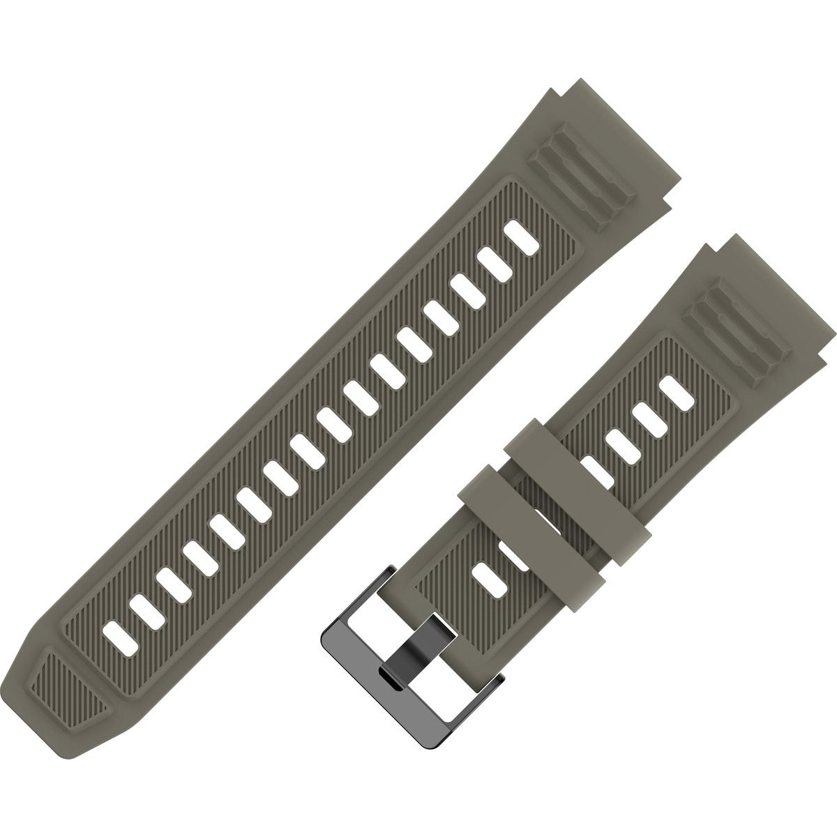 A light brown watch strap with a black buckle. It has rectangular holes for adjustment.
