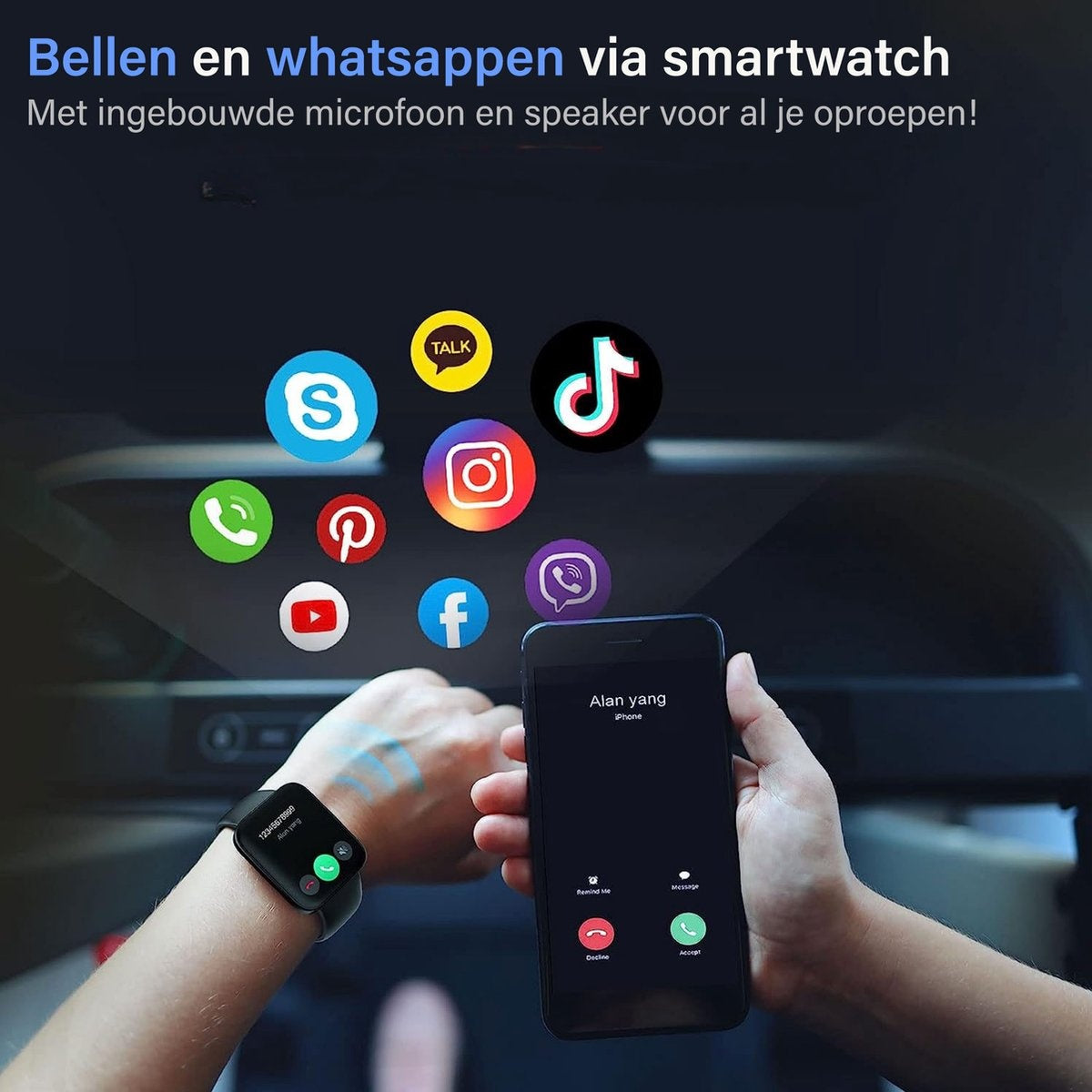 A smartwatch on a wrist next to a smartphone, shows icons for social media and communication apps.