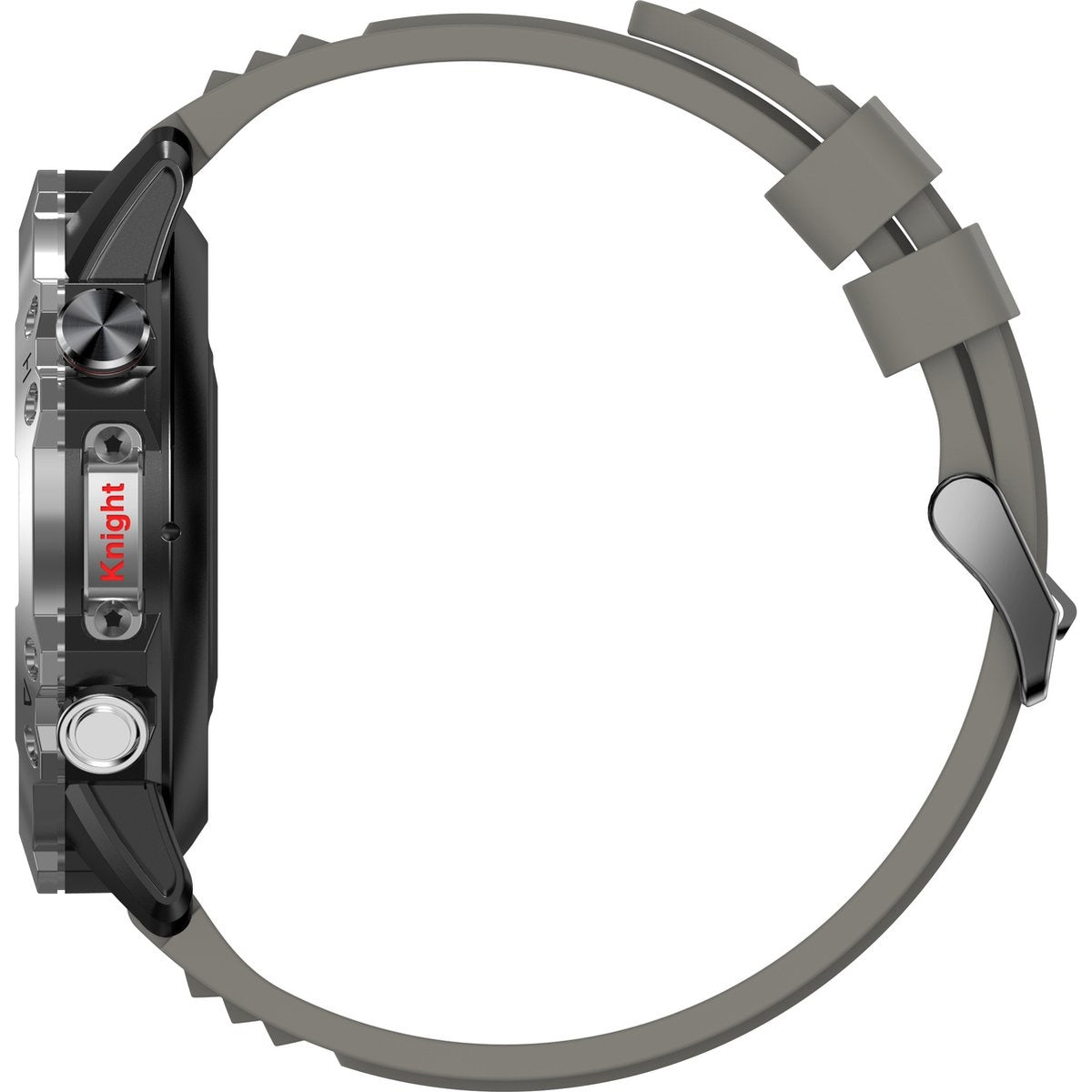 Side view of a black smartwatch with gray strap. The watch has buttons and a red 'Knight' label.