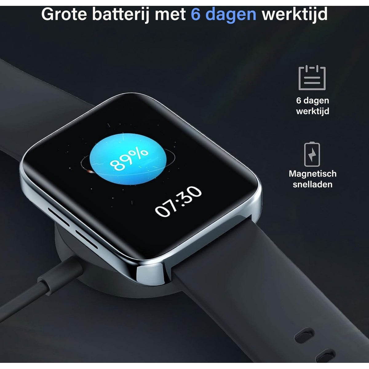 A smartwatch charges on a magnetic base, showing an 89% charge and a time of 07:30.