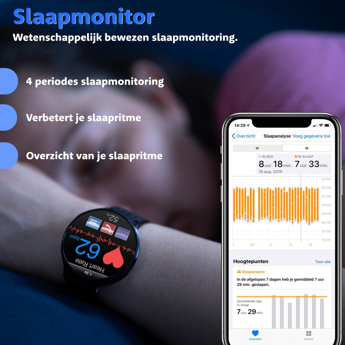 A smartwatch on a wrist displaying heart rate. A phone screen displays sleep data, a graph, and a time of 7 hours and 29 minutes.