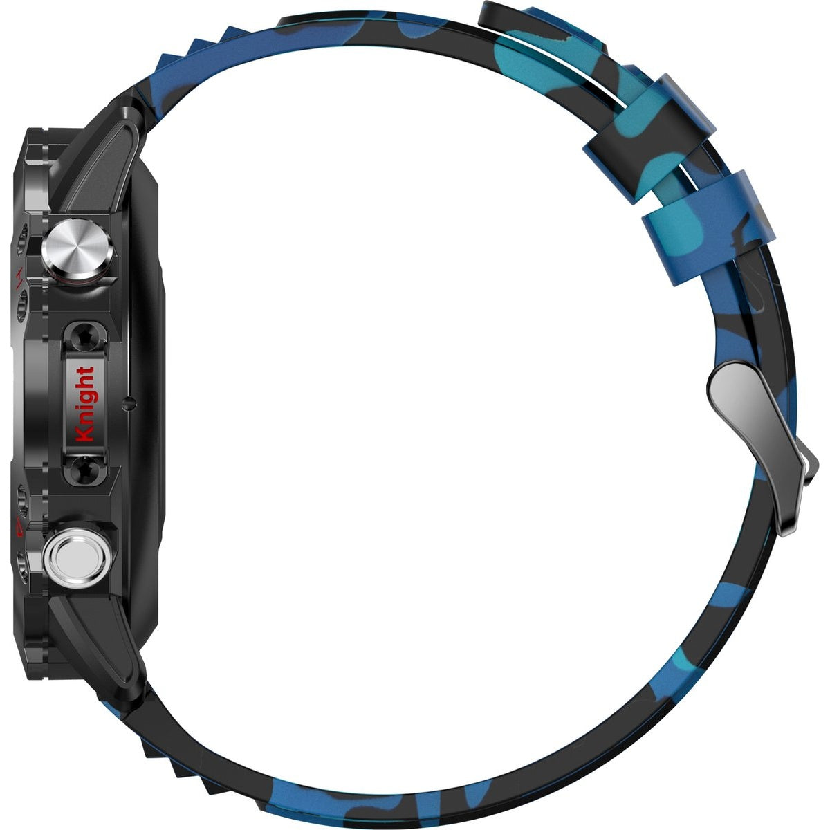 Side view of a black smartwatch with a blue camouflage strap. The watch has a red 'Knight' label.