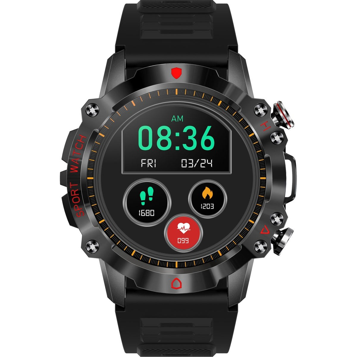 Close-up of a black smartwatch showing time, steps, and heart rate. It has a red '99' button.