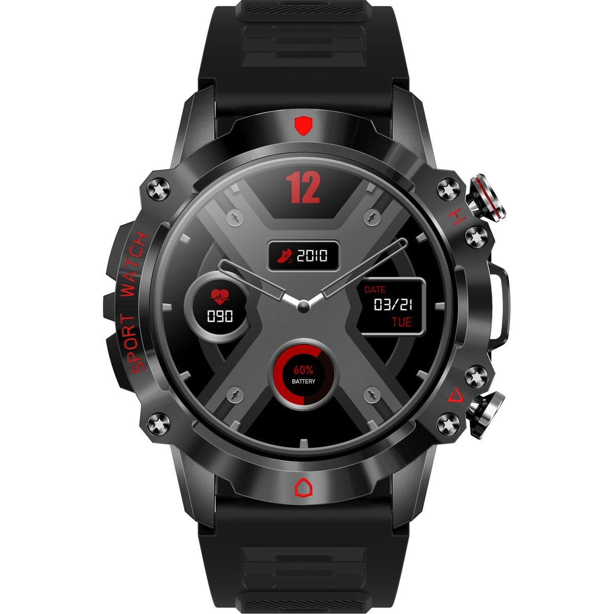 A black smartwatch showing time, date, and battery. It has a red button and the word '12' displayed.