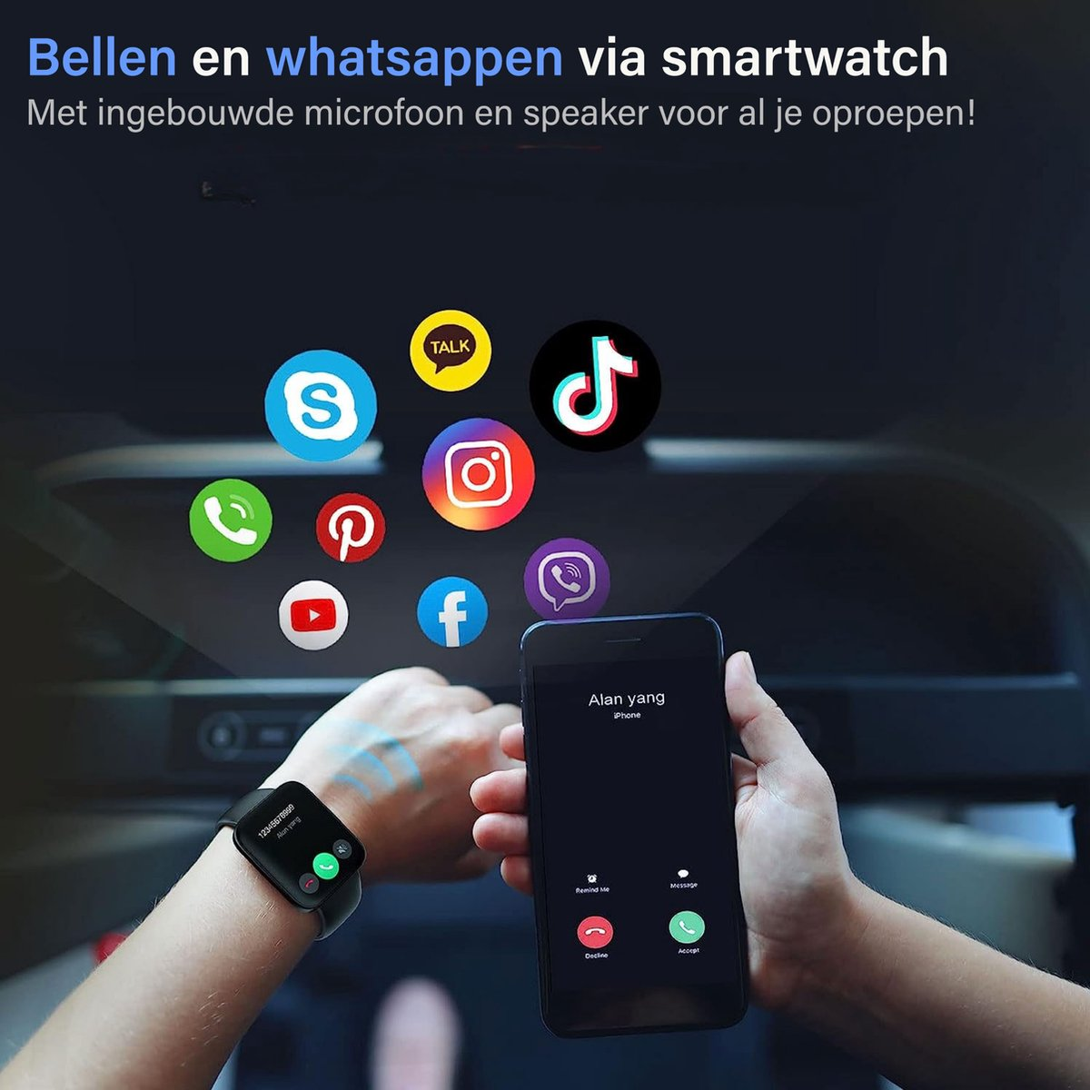 A person's hands holding a phone and wearing a smartwatch. Icons of apps are shown, illustrating calls and messaging.
