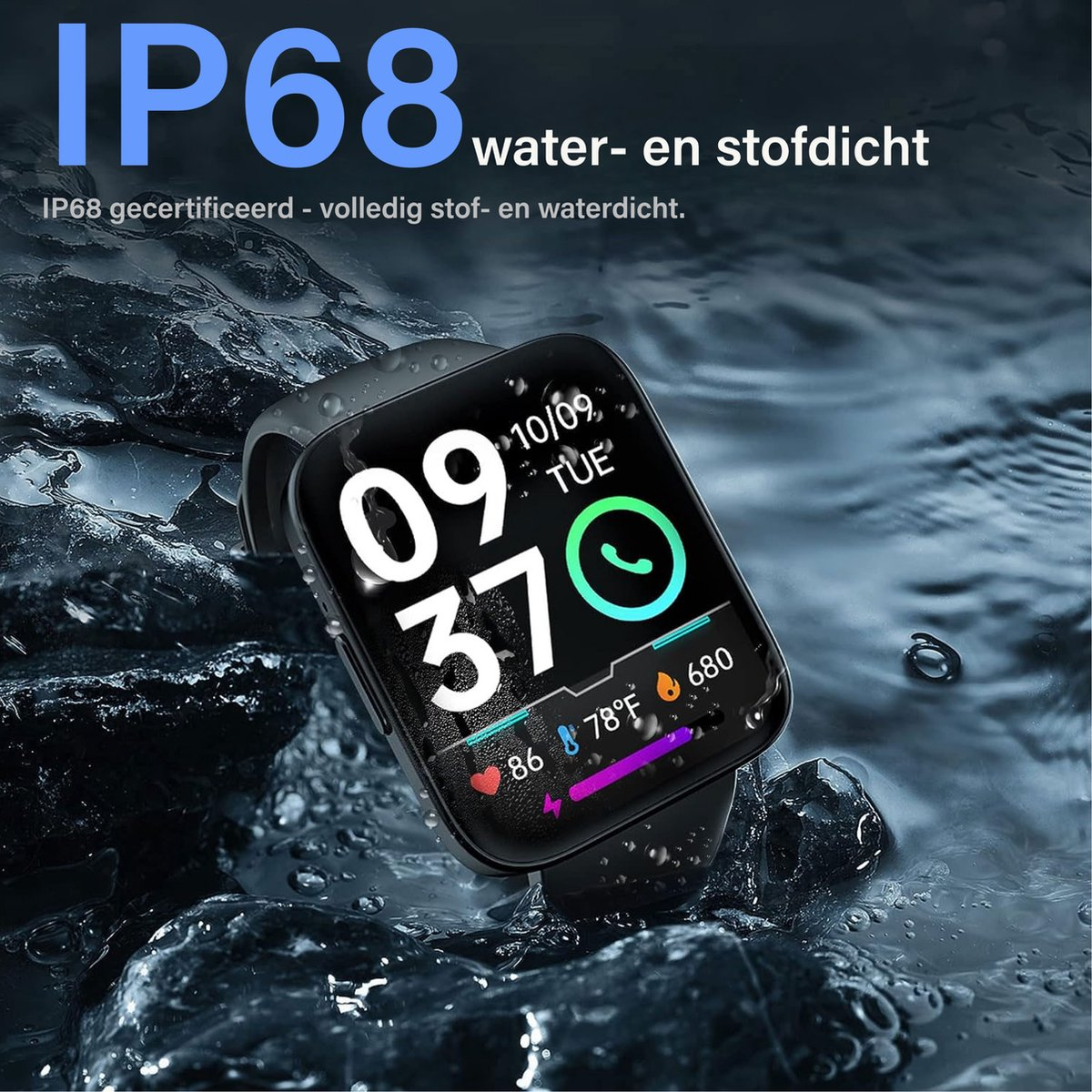 Black smartwatch with a digital display showing time, date, and health metrics. Blue water drops in the background.