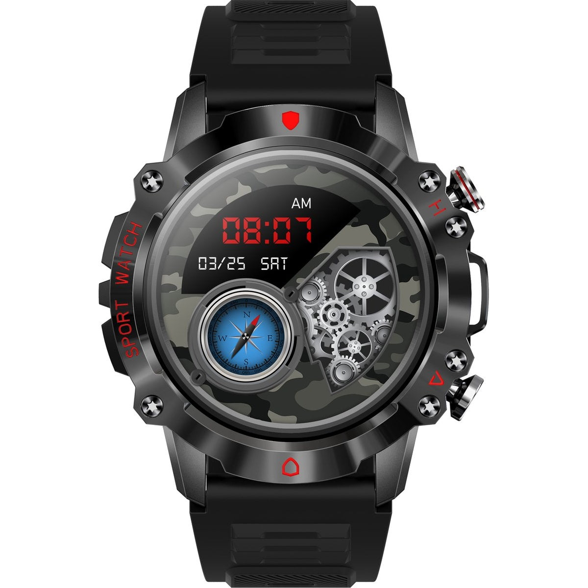 Smartwatch with a round display showing time, date, and a compass. Camouflage pattern on the display.