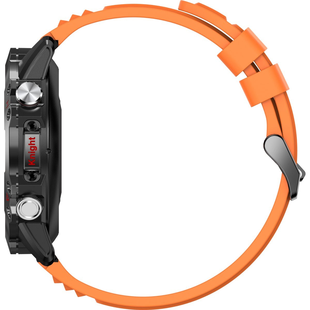 Side view of a black smartwatch with an orange strap. The display is on, showing time and other data.