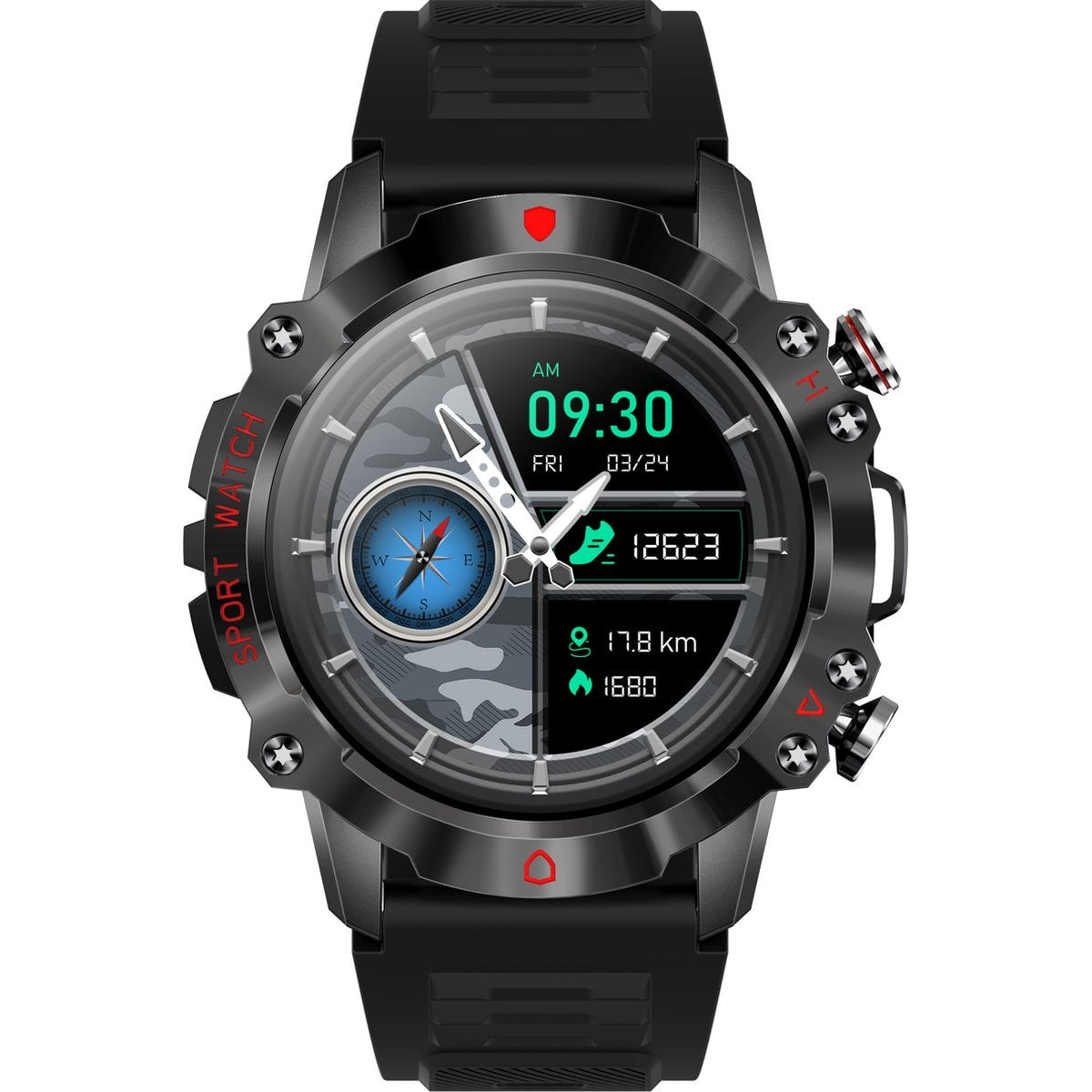 A black smartwatch with a round face. The watch displays time, date, and various health metrics. It has red buttons on the sides.