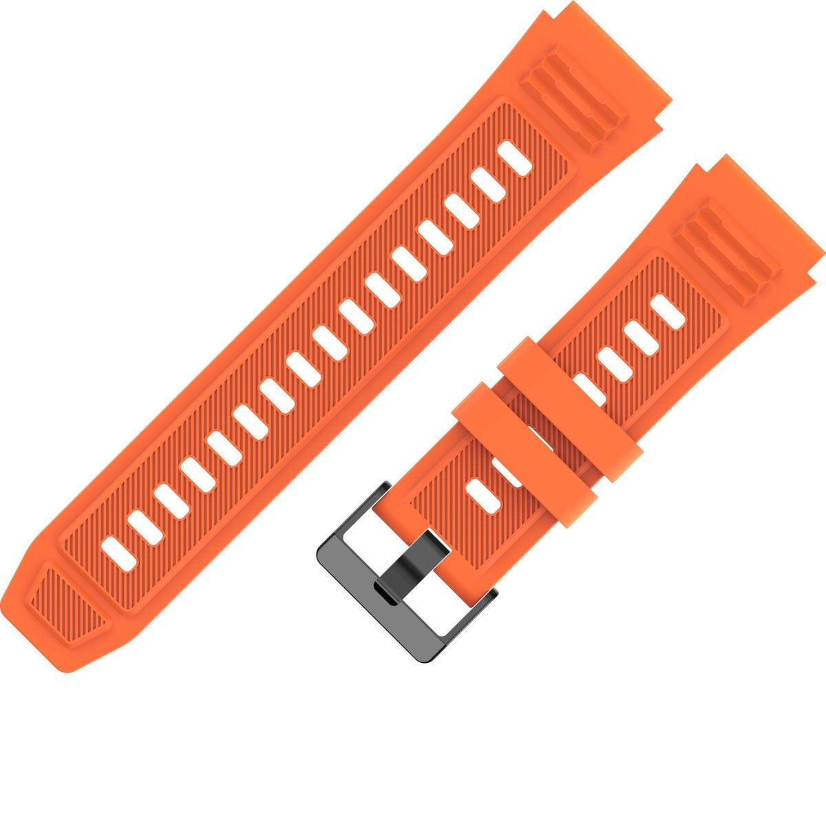 Two orange watch straps with multiple rectangular holes, and a black buckle. White background.