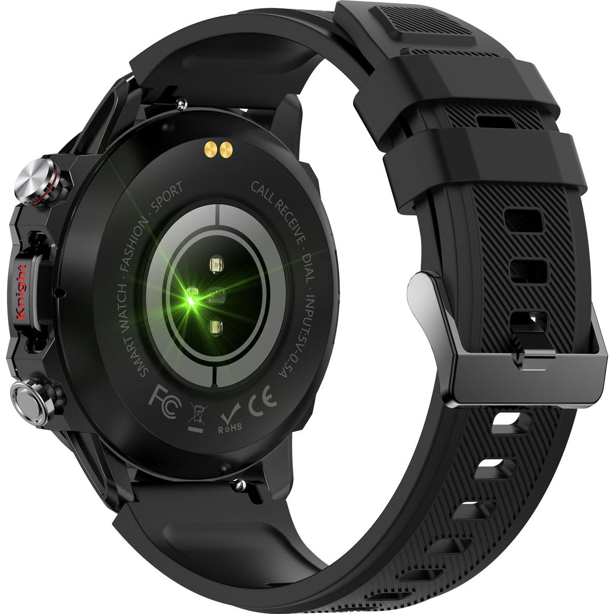 Black smartwatch back with a black band. The watch has a green light and some text.