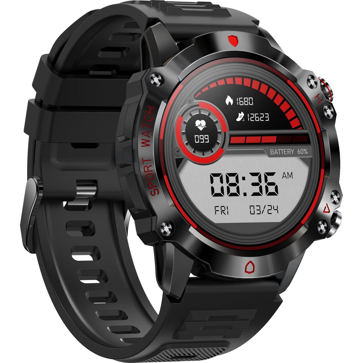 Black and red smartwatch with time, date, and battery life displayed on the screen.
