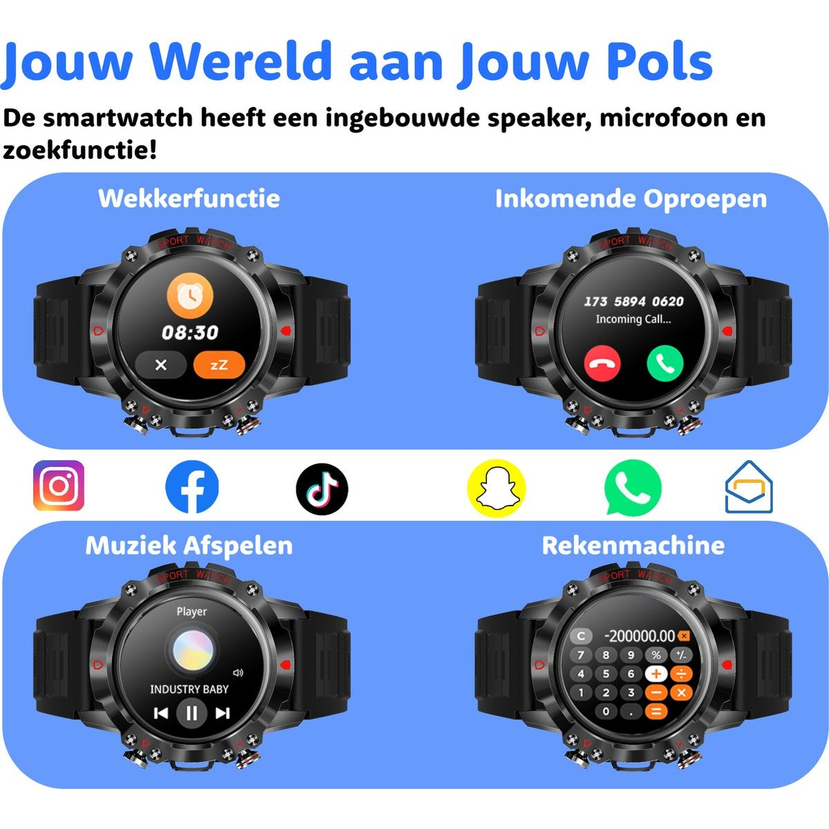 Smartwatch screen displaying various functions: alarm, incoming calls, music player, and calculator. Black watch with black strap.