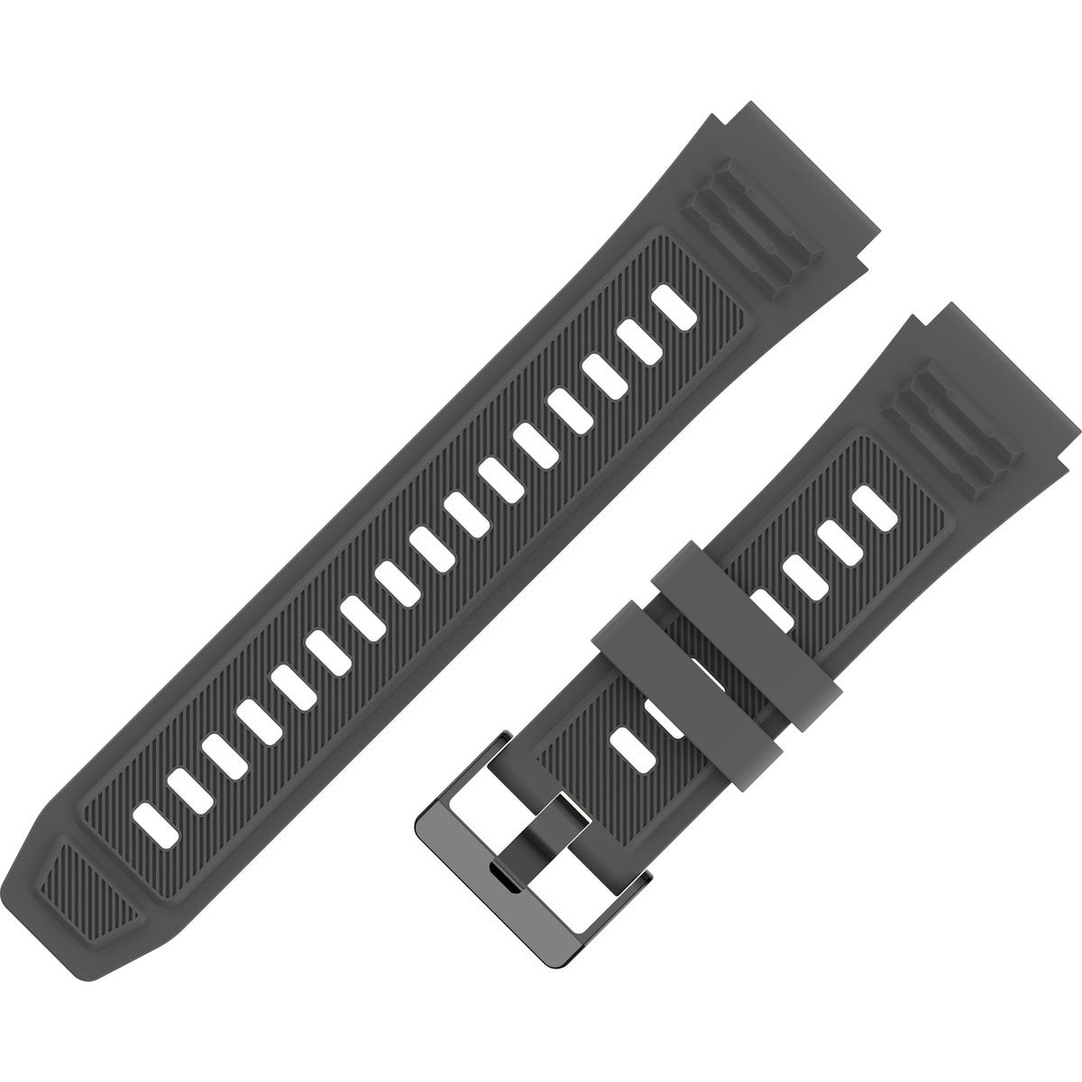 Two gray watch straps with multiple rectangular holes, and a black buckle. White background.