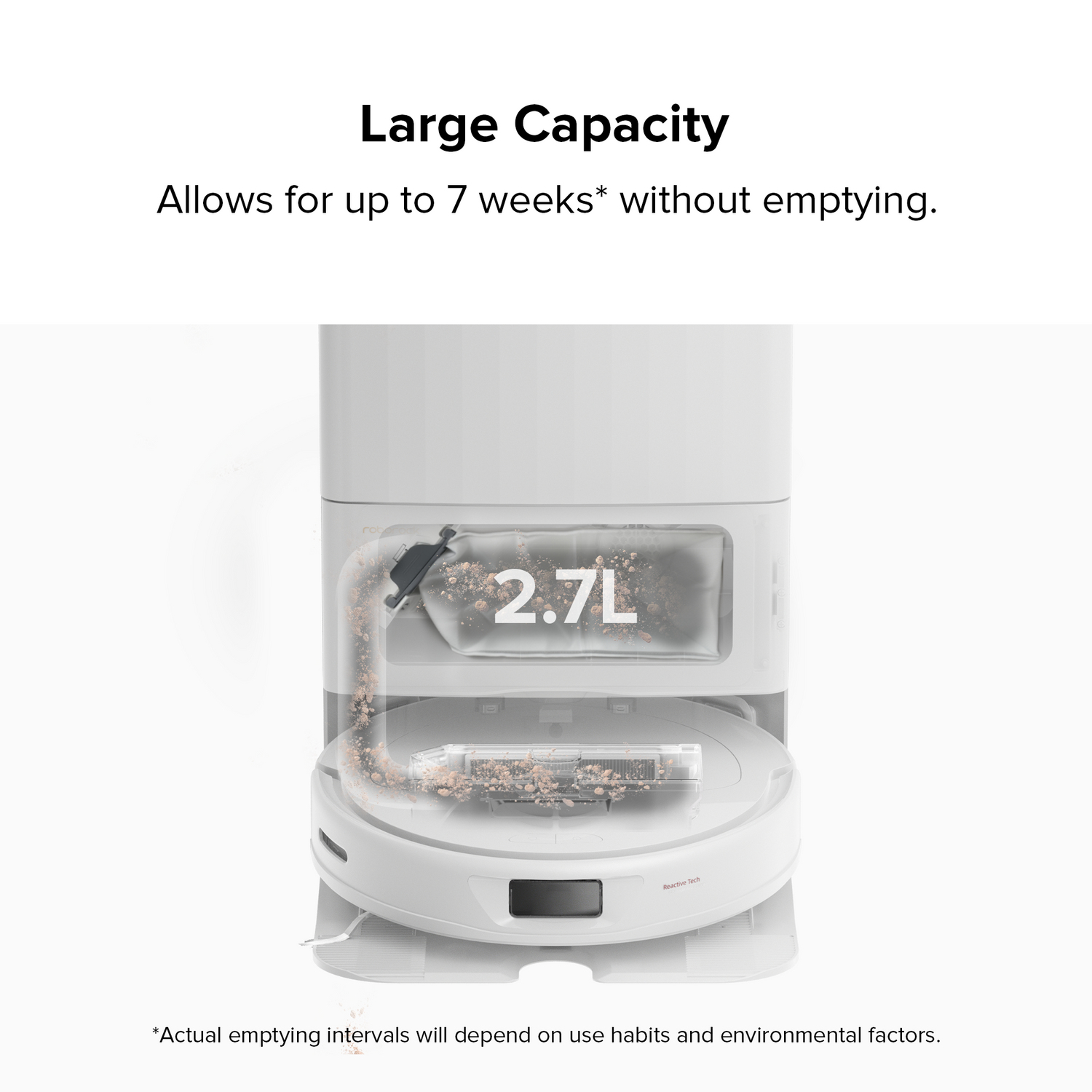 Biały odkurzacz robot z dużym pojemnikiem na odpady, pokazujący pojemność 2,7L.