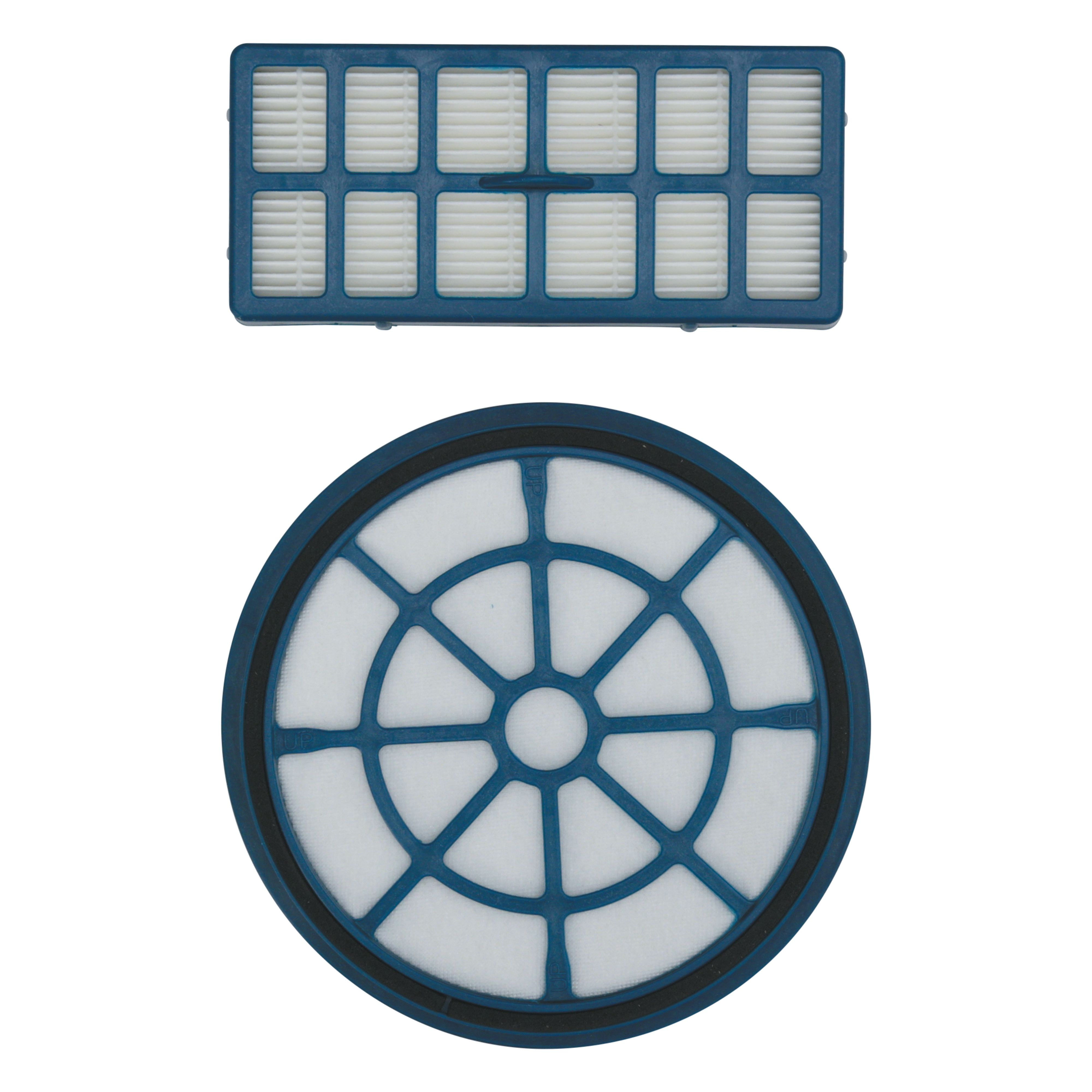 Dwa filtry do odkurzacza, jeden okrągły i jeden prostokątny, oba w kolorze niebiesko-białym.