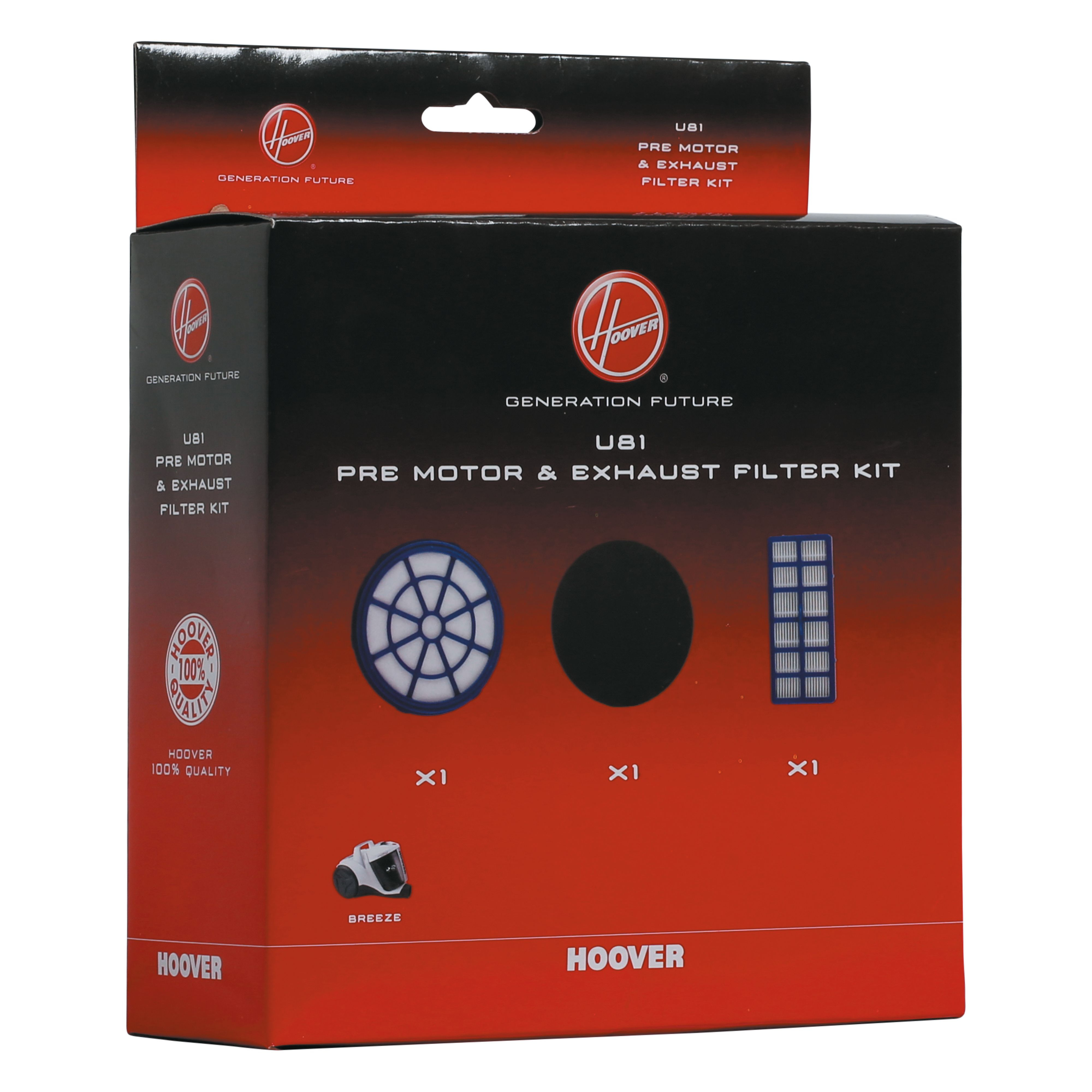 Pudełko z filtrami Hoover, w tym filtrami przed silnikiem i wylotowymi oraz obrazkiem odkurzacza.