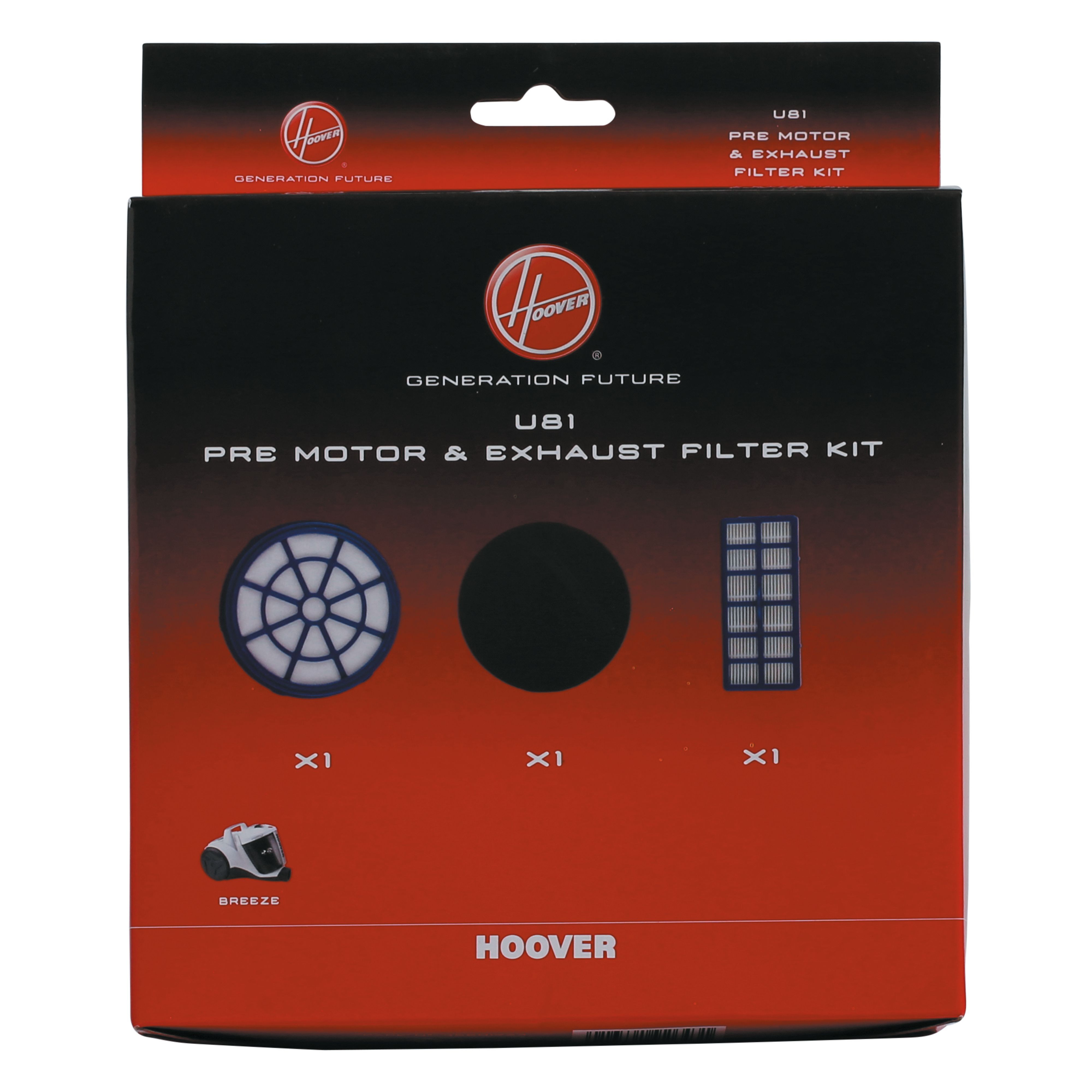 Pudełko z zestawem filtrów do odkurzacza Hoover. Zawiera 3 filtry i ilustrację odkurzacza.