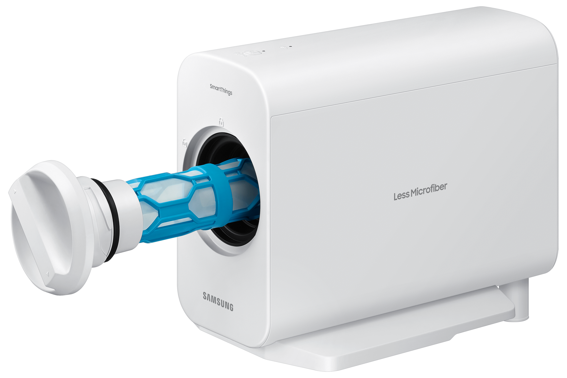 Dispositivo Samsung blanco con un filtro azul que se extiende desde él. El dispositivo está etiquetado como 'Smartthings'.