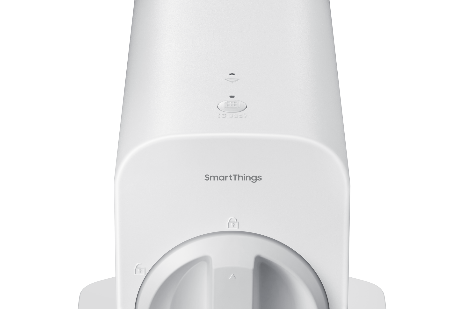 Dispositivo blanco, que muestra la parte superior con botones y el logotipo de Samsung SmartThings.