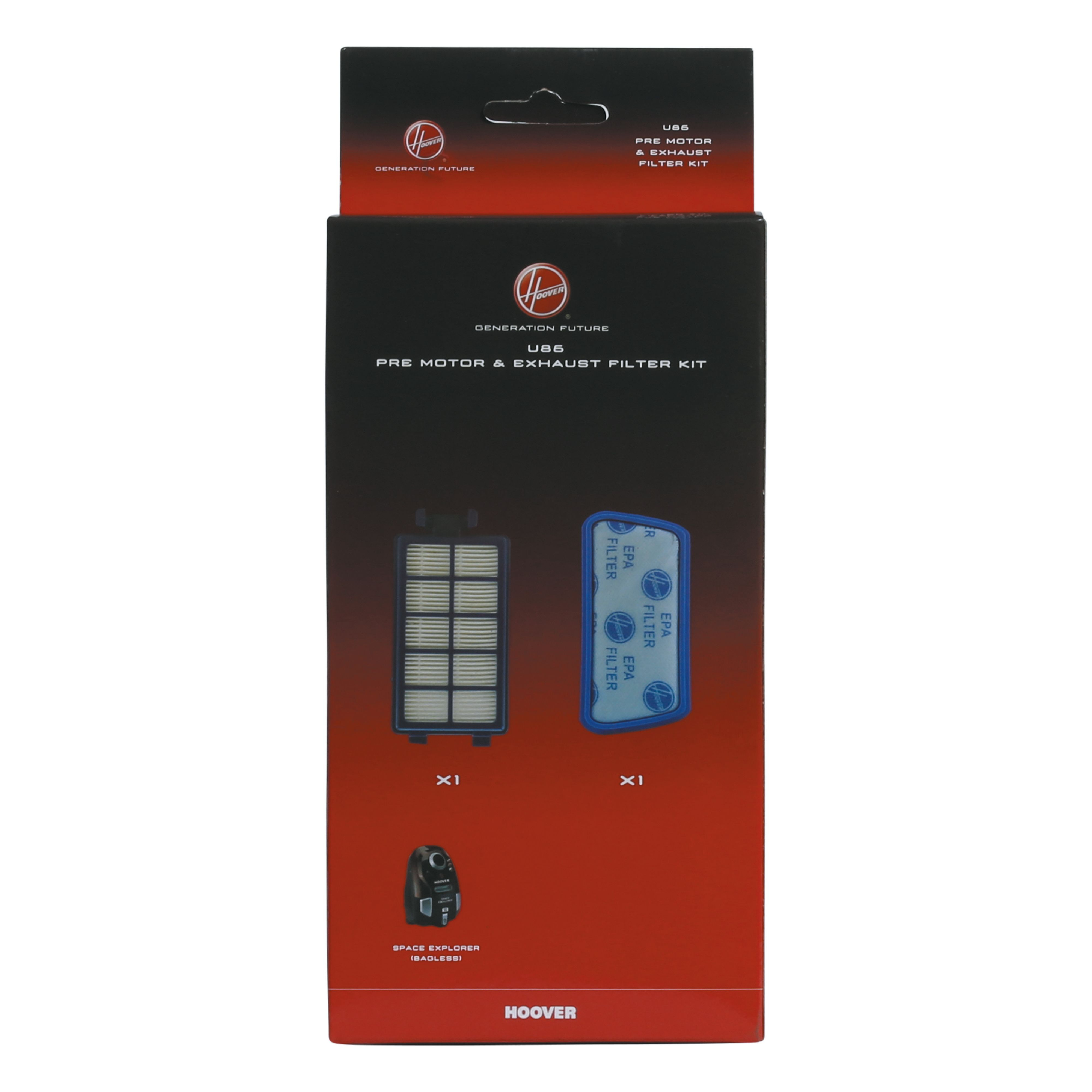 Pudełko zawierające filtry i obraz odkurzacza. Marka to 'Hoover' i ma tekst.