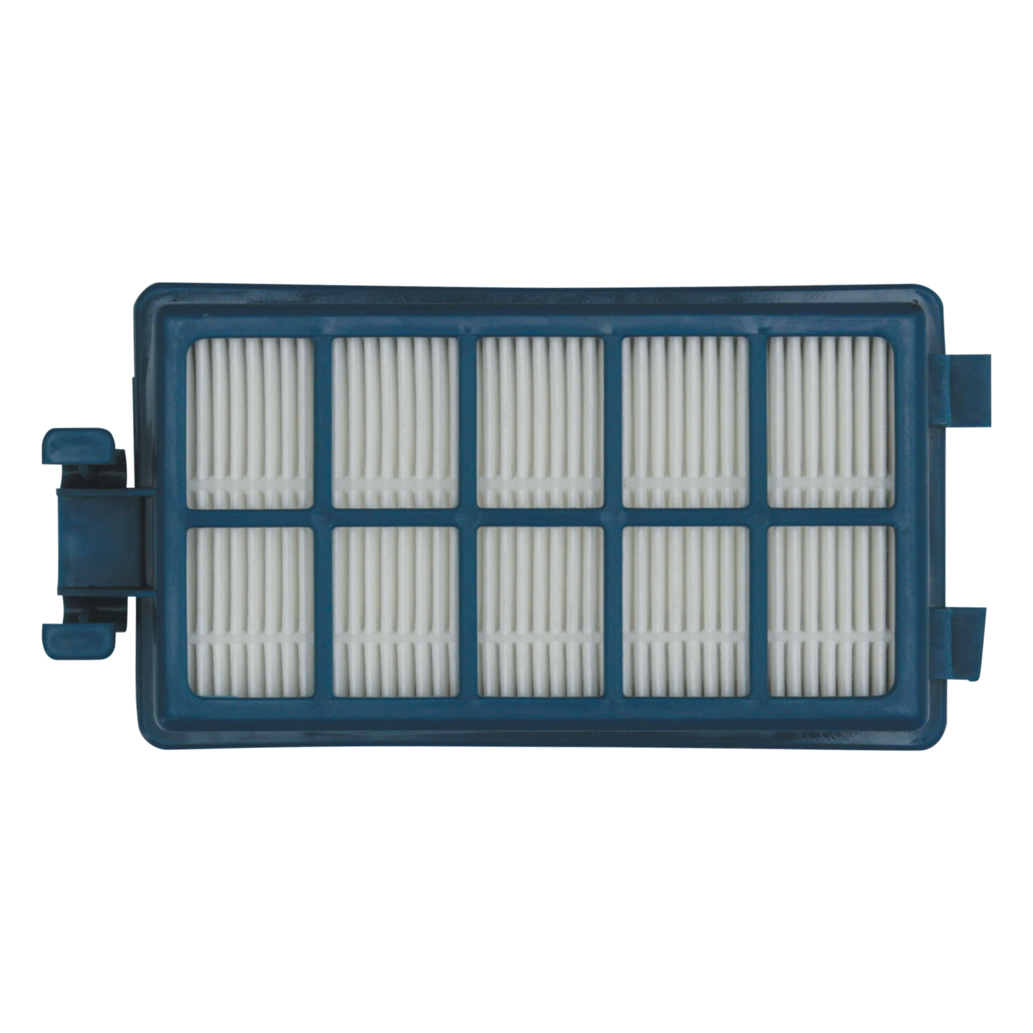 Niebieski filtr do odkurzacza o prostokątnym kształcie, z białym filtrem w środku.