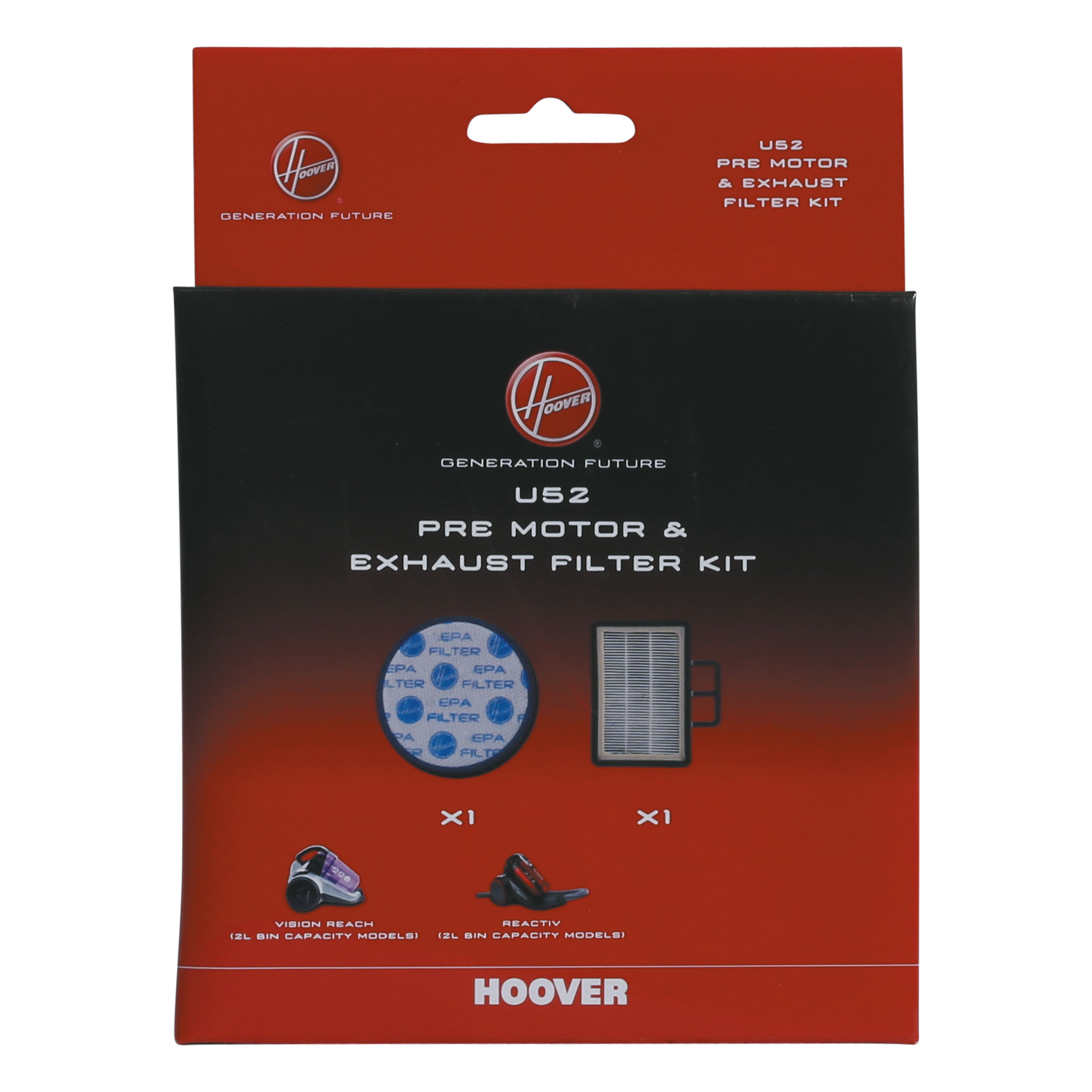 Pudełko z zestawem filtrów do odkurzacza Hoover. Zawiera 2 filtry i ilustrację odkurzacza.