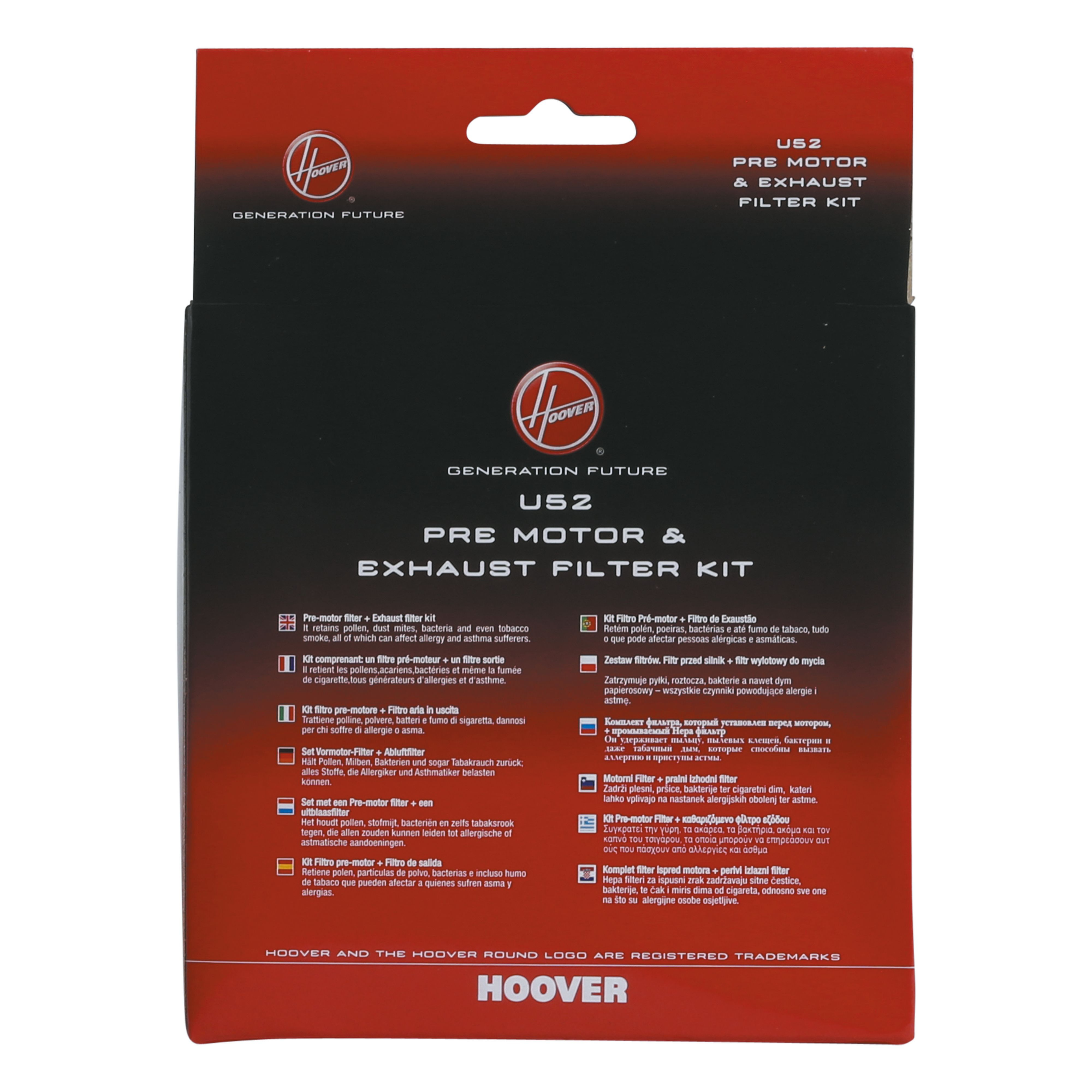 Czarne pudełko z tekstem i obrazami. Posiada logo 'Hoover' i tekst w wielu językach.