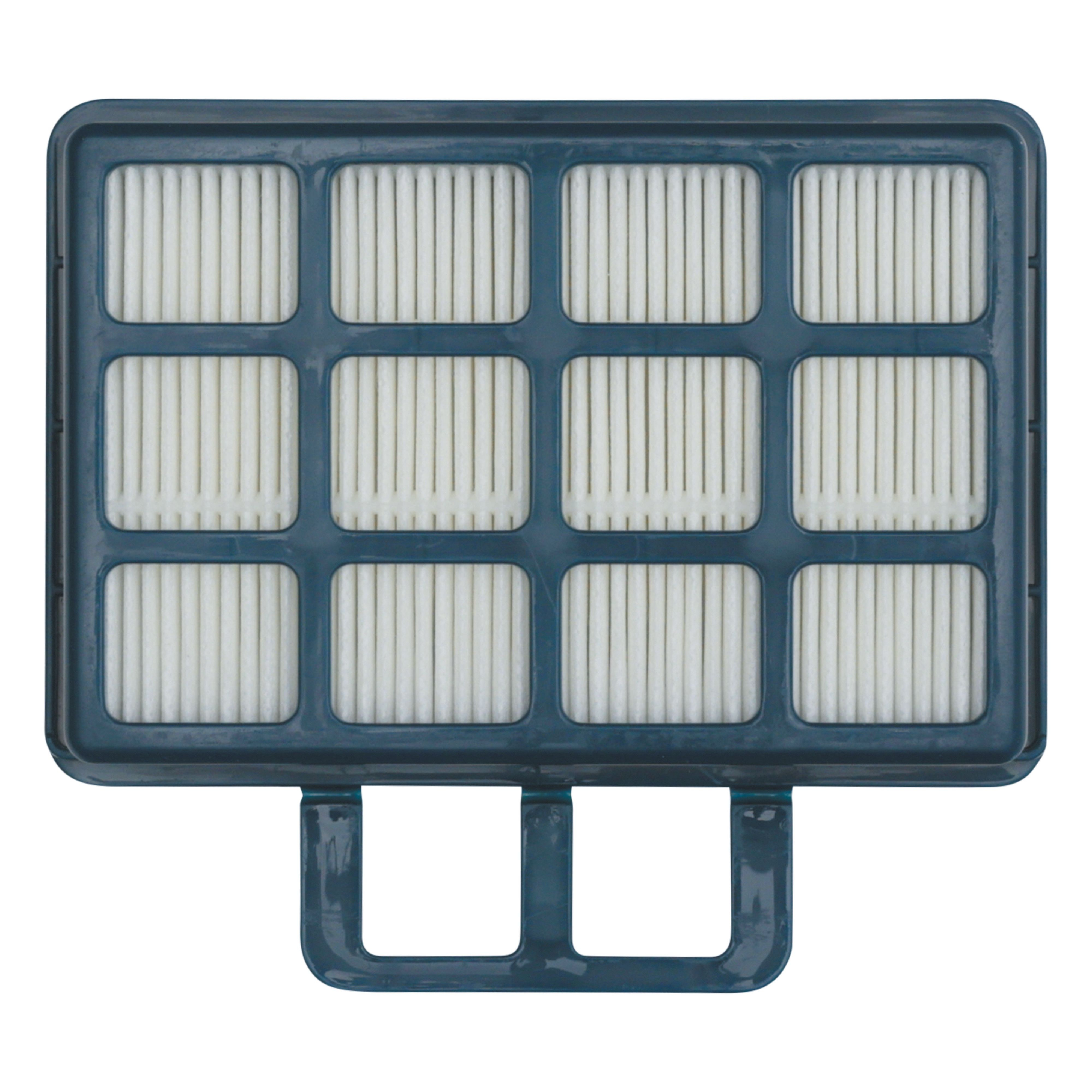 Niebieski i szary filtr z wieloma prostokątnymi otworami. Ma uchwyt na dole.