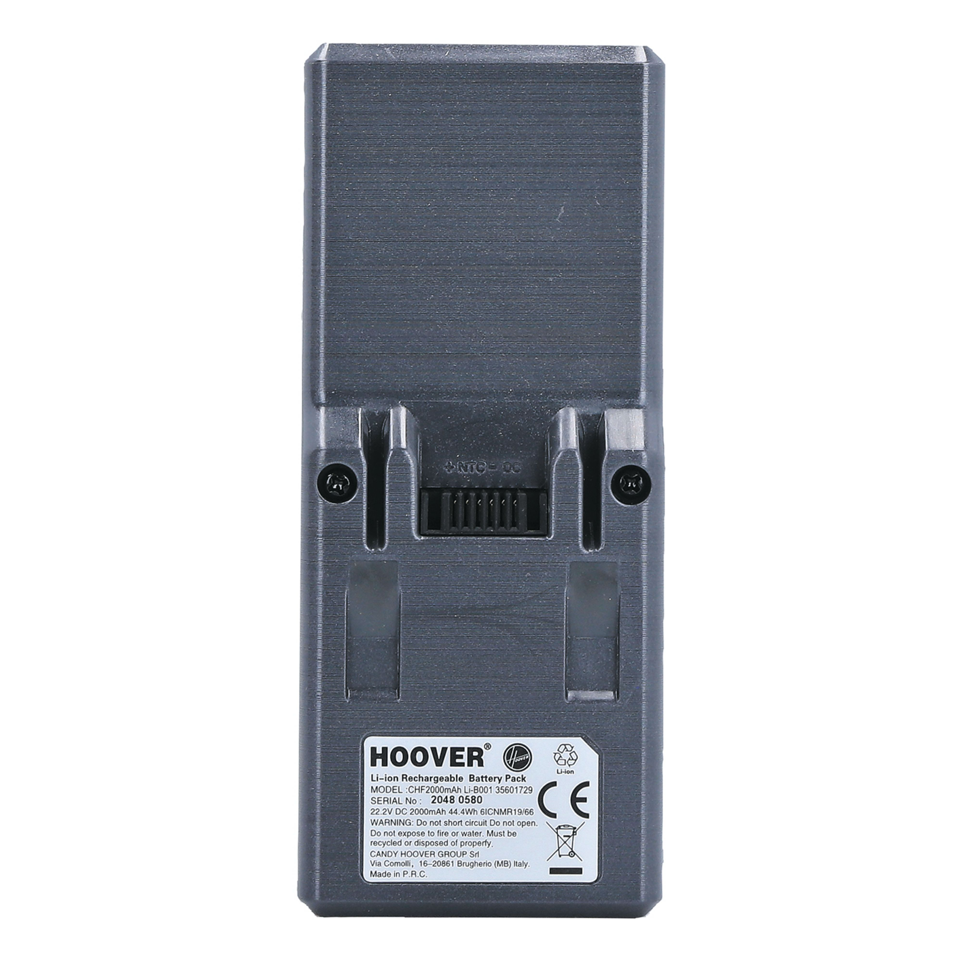 Szary akumulator Hoover z etykietą i złączem.