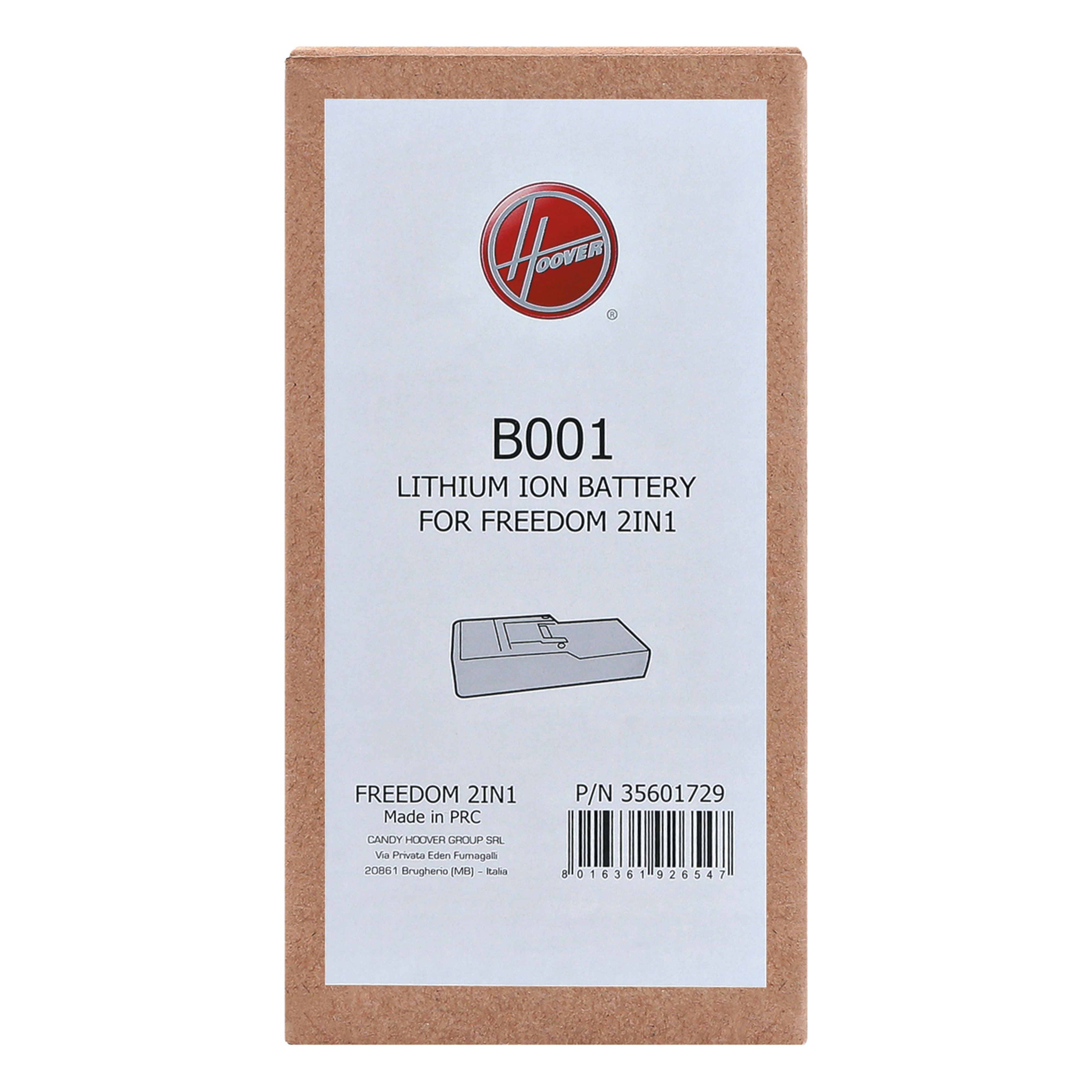Brązowe pudełko z rysunkiem elementu odkurzacza i tekstem 'B001 LITHIUM ION BATTERY'.