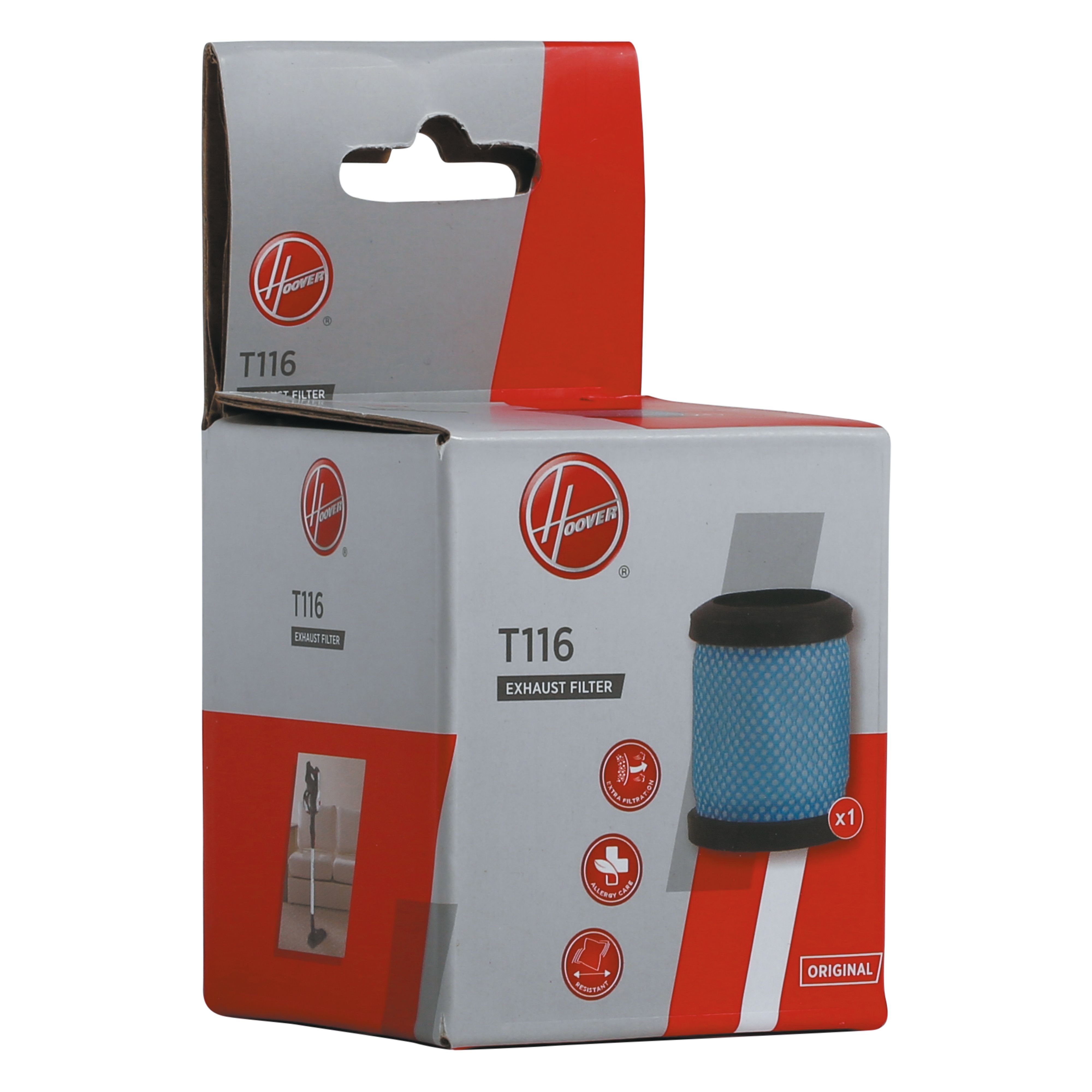 Eine weiß-rote Box für einen Hoover-Abluftfilter, mit Text und Logos.