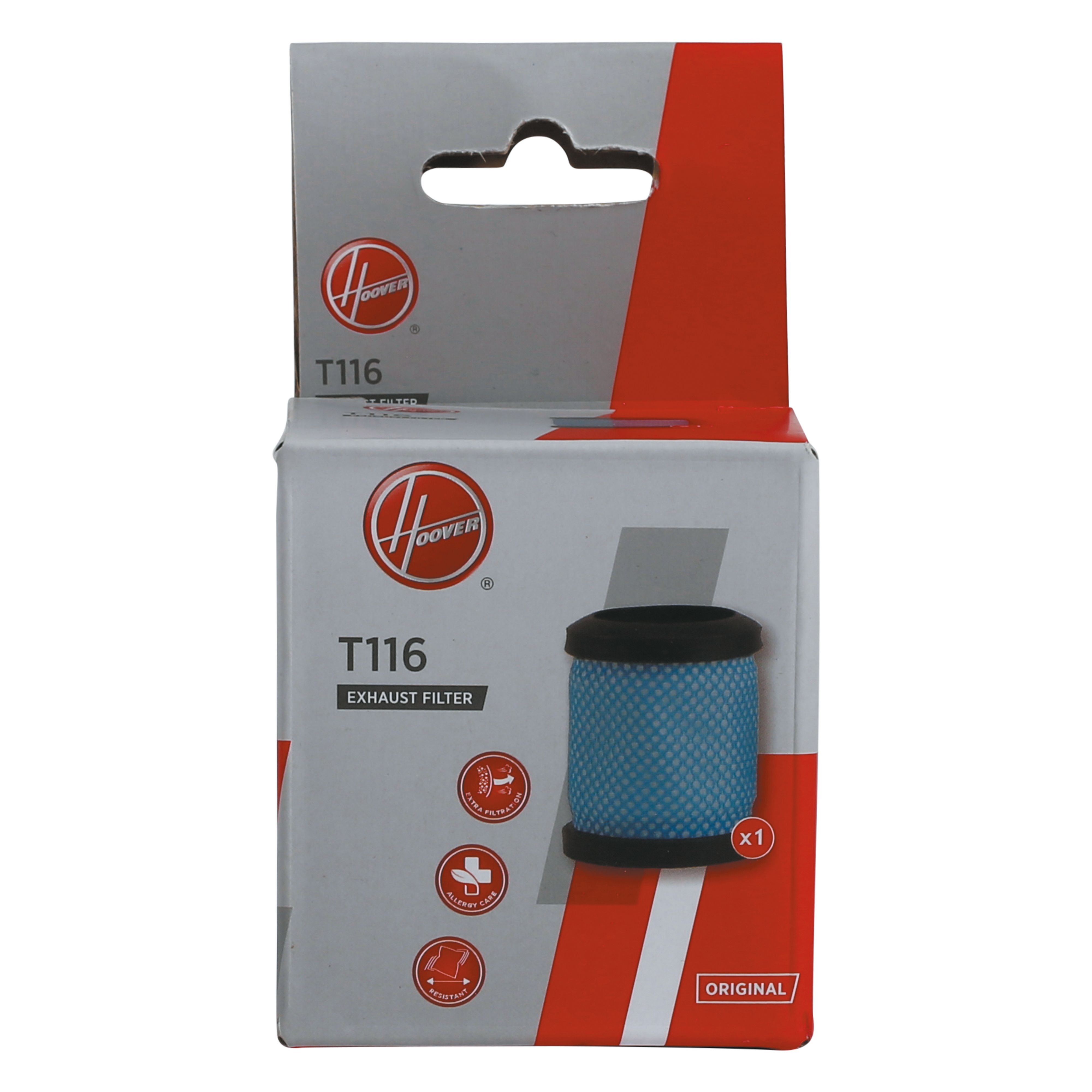 Schachtel mit Hoover T116 Abluftfilter. Der Filter ist blau und schwarz. Die Schachtel ist weiß und rot.